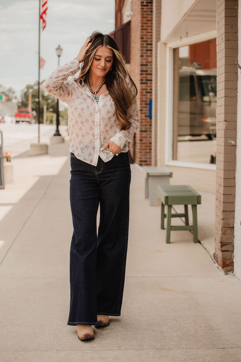 Blue B "Let'r Buck" Western Chiffon Button-Down Blouse — Soft Feminine Rodeo Print Cowhide and Conchos