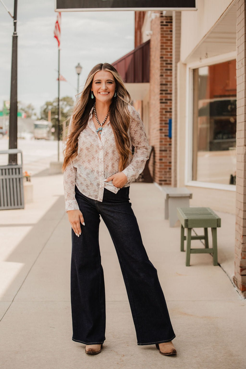 Blue B "Let'r Buck" Western Chiffon Button-Down Blouse — Soft Feminine Rodeo Print Cowhide and Conchos