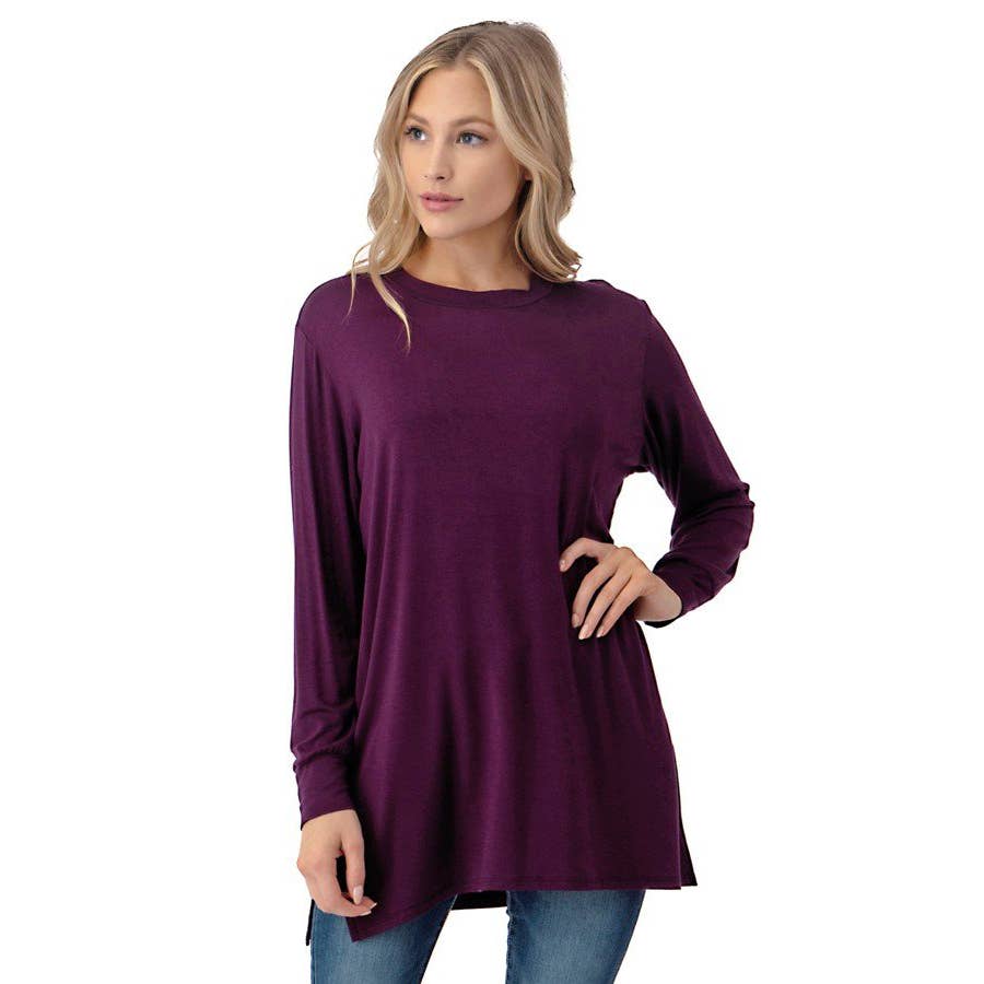 AZULES Long Sleeve Double Side Slit Tunic Western Top — Eggplant Made in USA Layering Staple (Small available) Cowhide and Conchos