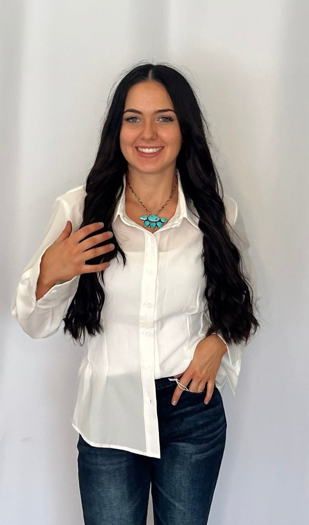 LUCKY & BLESSED "Mercedes" Ivory Western Button-Down Shirt — Tailored Long-Sleeve Cowgirl Staple Cowhide and Conchos