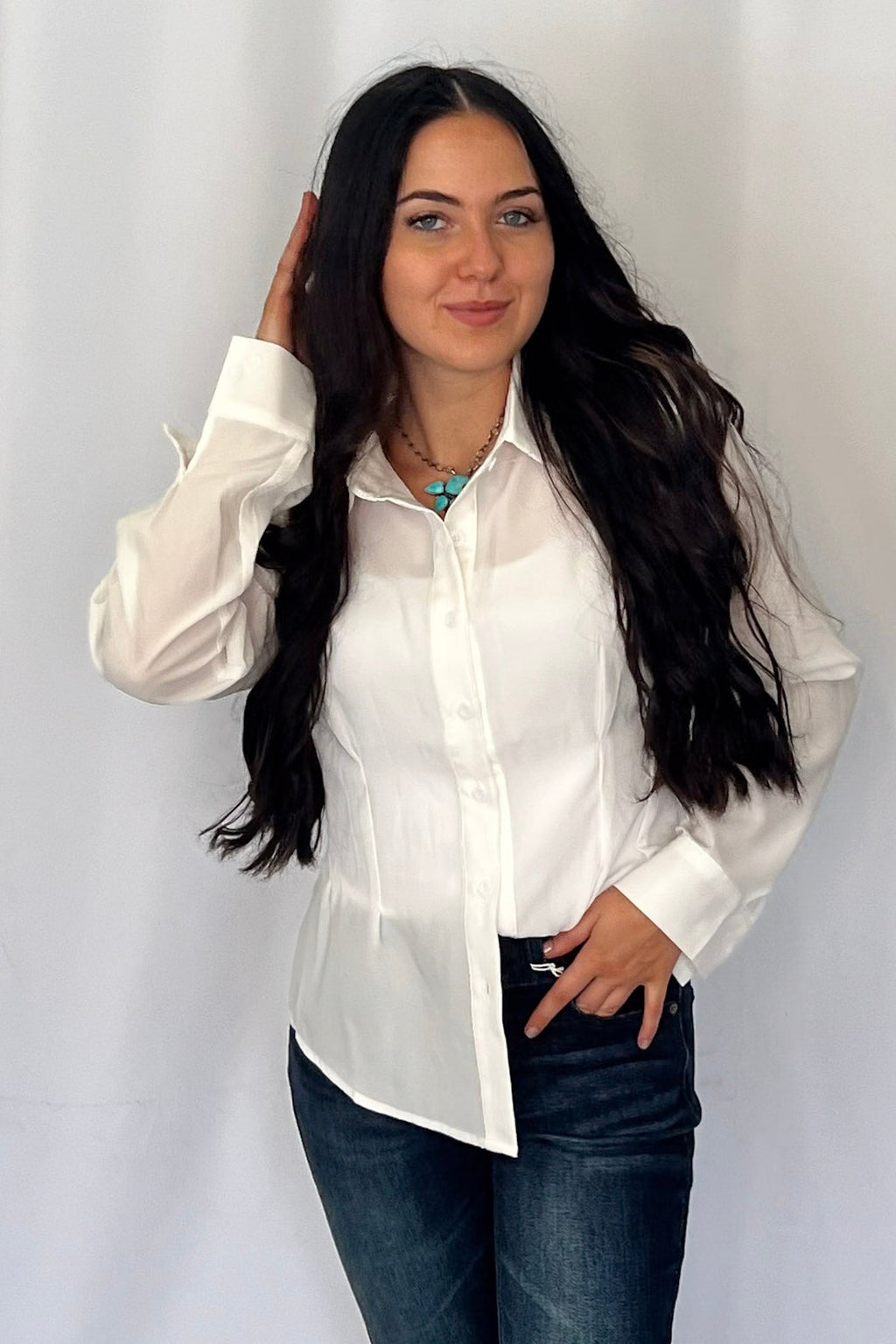 LUCKY & BLESSED "Mercedes" Ivory Western Button-Down Shirt — Tailored Long-Sleeve Cowgirl Staple Cowhide and Conchos