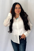LUCKY & BLESSED "Mercedes" Ivory Western Button-Down Shirt — Tailored Long-Sleeve Cowgirl Staple Cowhide and Conchos