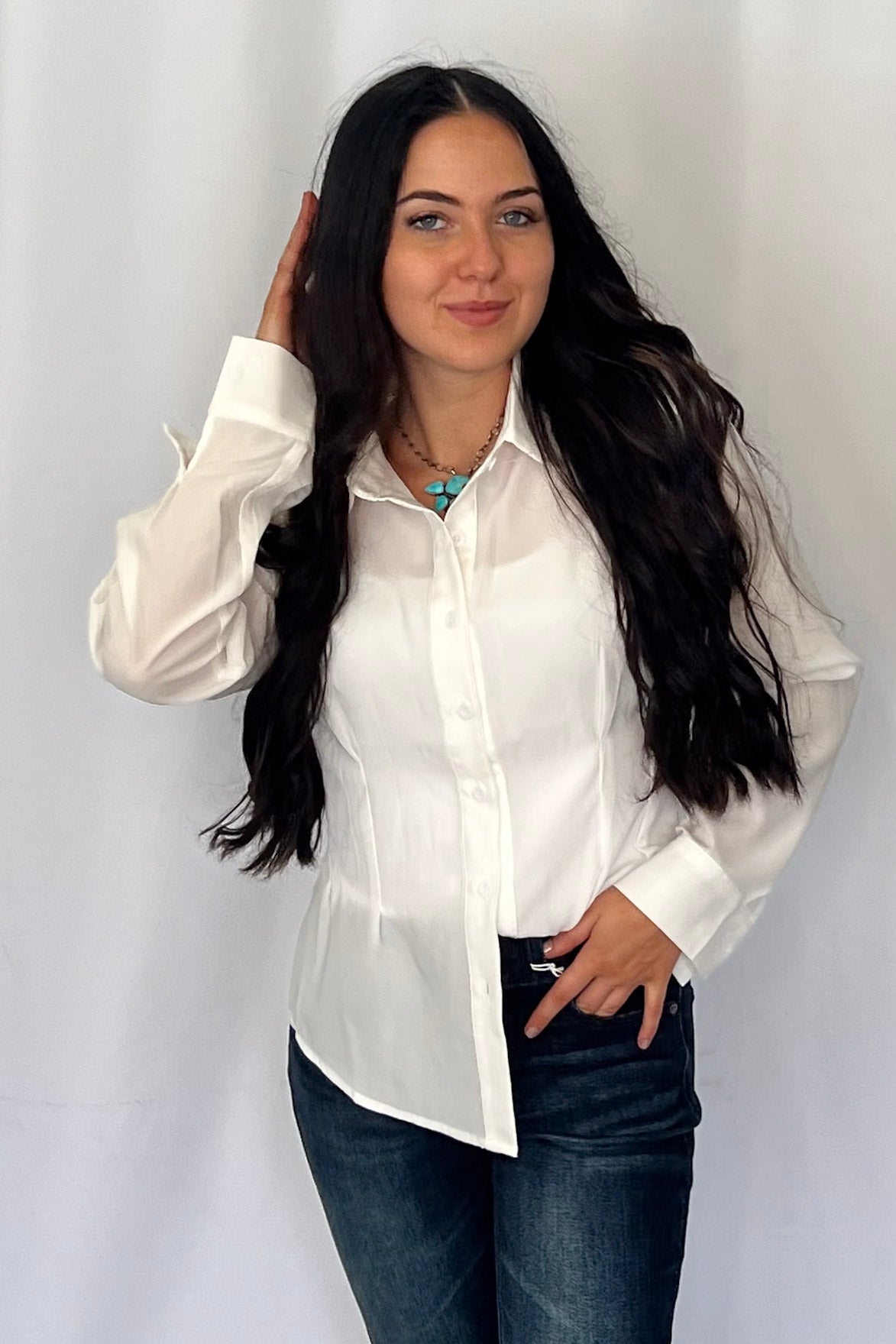 LUCKY & BLESSED "Mercedes" Ivory Western Button-Down Shirt — Tailored Long-Sleeve Cowgirl Staple Cowhide and Conchos