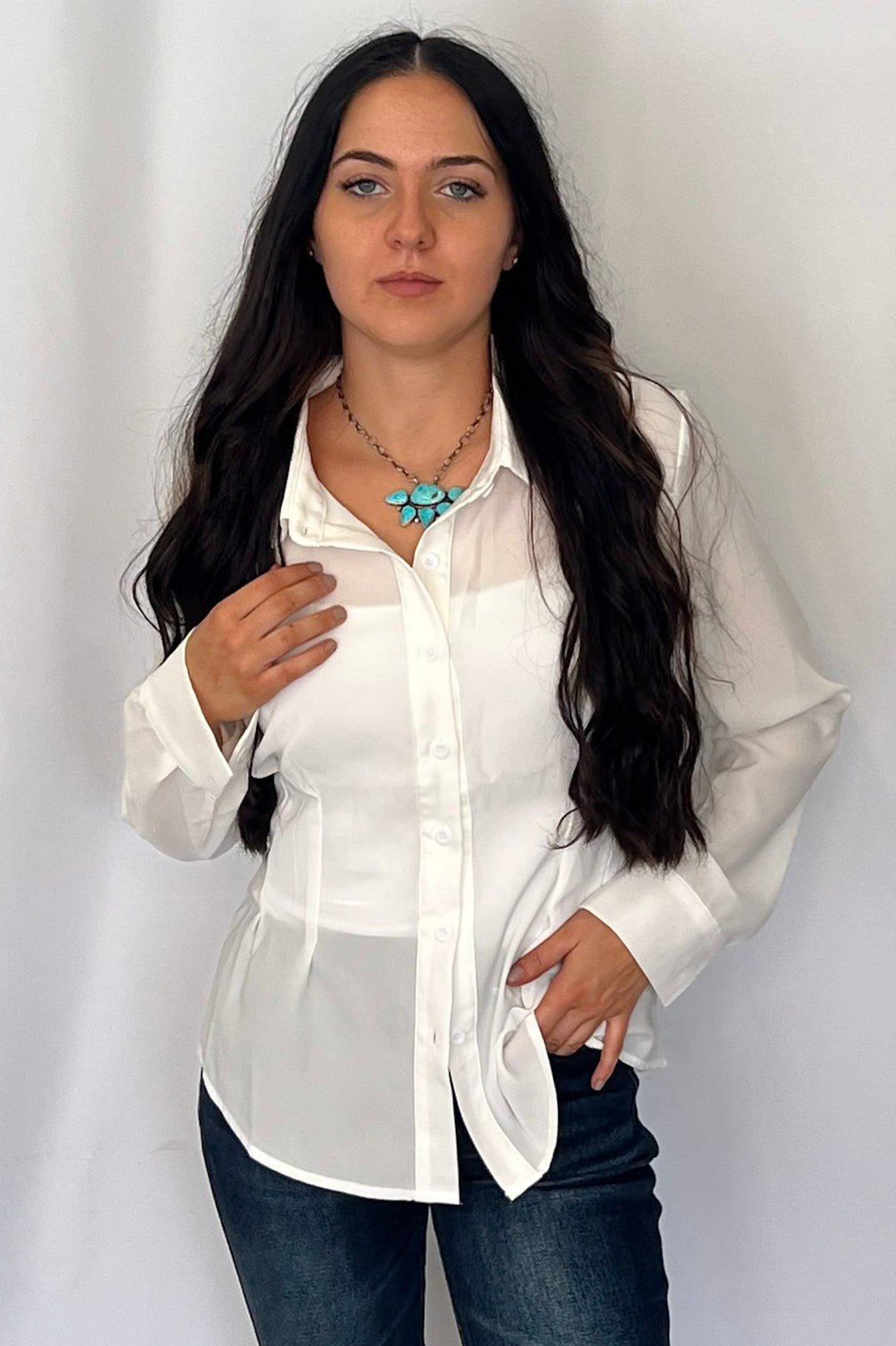 LUCKY & BLESSED "Mercedes" Ivory Western Button-Down Shirt — Tailored Long-Sleeve Cowgirl Staple Cowhide and Conchos