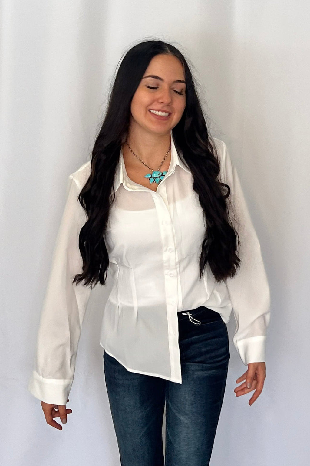 LUCKY & BLESSED "Mercedes" Ivory Western Button-Down Shirt — Tailored Long-Sleeve Cowgirl Staple Cowhide and Conchos