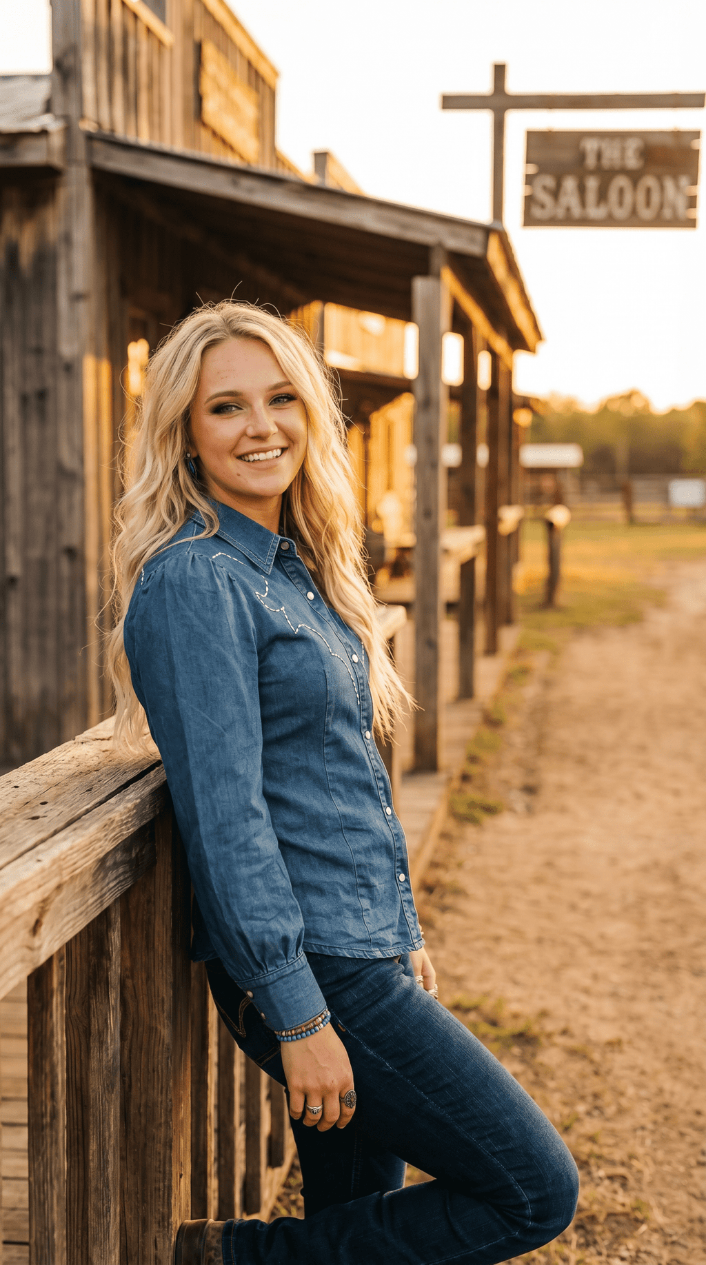 LUCKY & BLESSED Mid Wash Stretch Denim Pearl Snap Western Shirt — Bold Contrast Boot-Stitch Embroidery (Long Sleeve) Cowhide and Conchos