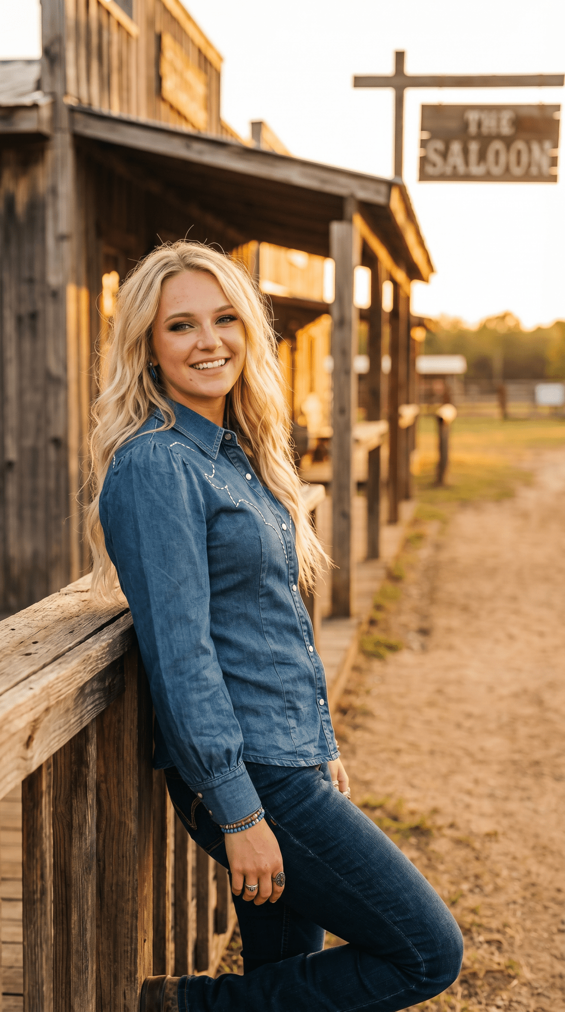LUCKY & BLESSED Mid Wash Stretch Denim Pearl Snap Western Shirt — Bold Contrast Boot-Stitch Embroidery (Long Sleeve) Cowhide and Conchos