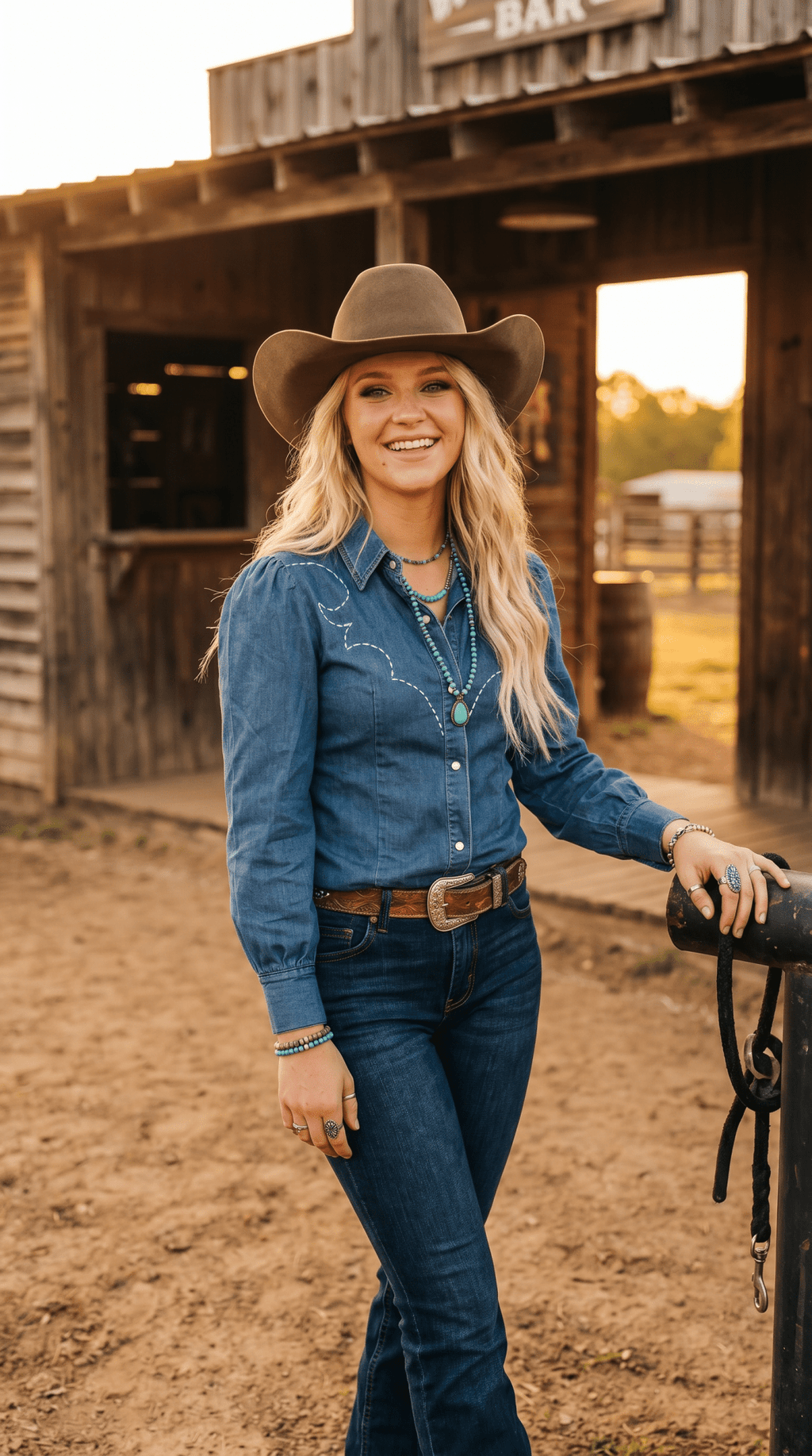 LUCKY & BLESSED Mid Wash Stretch Denim Pearl Snap Western Shirt — Bold Contrast Boot-Stitch Embroidery (Long Sleeve) Cowhide and Conchos