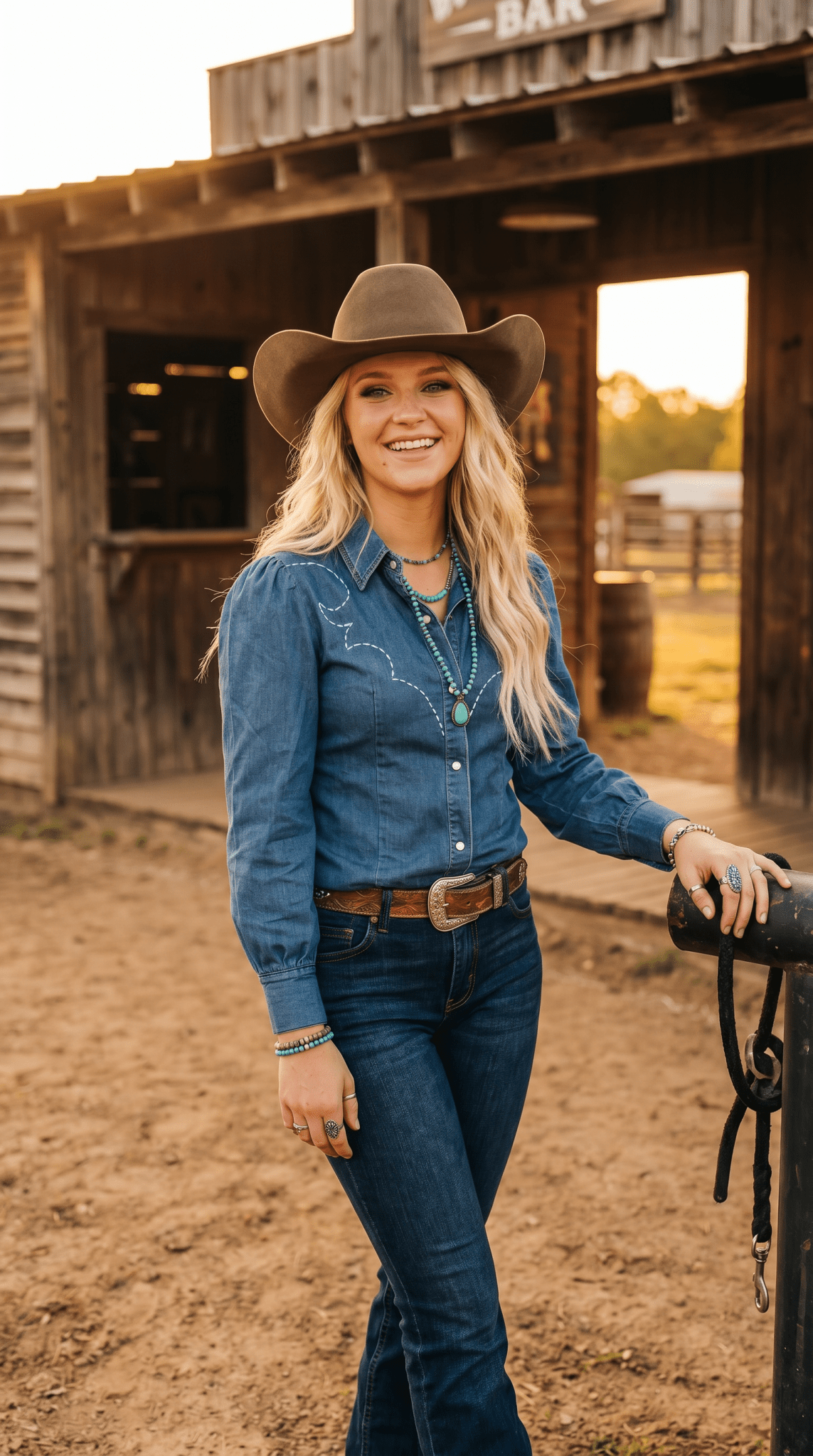 LUCKY & BLESSED Mid Wash Stretch Denim Pearl Snap Western Shirt — Bold Contrast Boot-Stitch Embroidery (Long Sleeve) Cowhide and Conchos