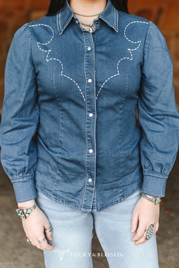 LUCKY & BLESSED Mid Wash Stretch Denim Pearl Snap Western Shirt — Bold Contrast Boot-Stitch Embroidery (Long Sleeve) Cowhide and Conchos