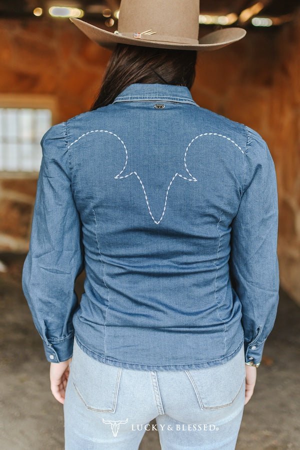 LUCKY & BLESSED Mid Wash Stretch Denim Pearl Snap Western Shirt — Bold Contrast Boot-Stitch Embroidery (Long Sleeve) Cowhide and Conchos