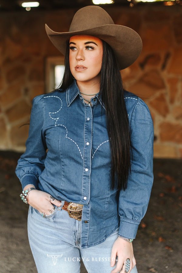 LUCKY & BLESSED Mid Wash Stretch Denim Pearl Snap Western Shirt — Bold Contrast Boot-Stitch Embroidery (Long Sleeve) Cowhide and Conchos