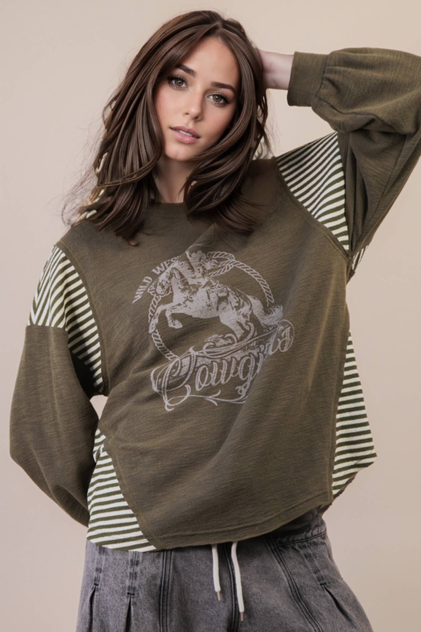 VERY J "Wild West Cowgirls" Western Graphic Knit Top — Oversized Mixed Media (Taupe or Olive) Cowhide and Conchos