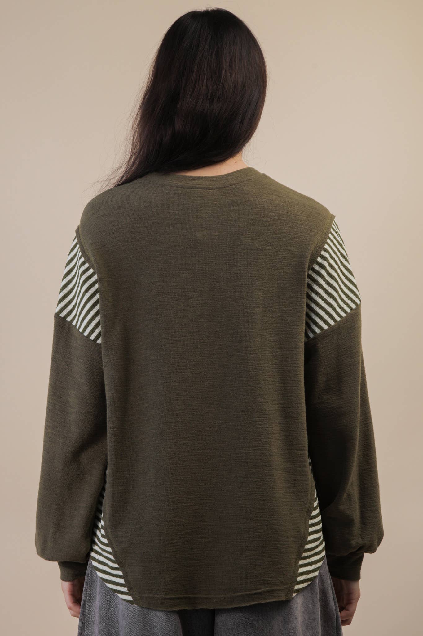 VERY J "Wild West Cowgirls" Western Graphic Knit Top — Oversized Mixed Media (Taupe or Olive) Cowhide and Conchos