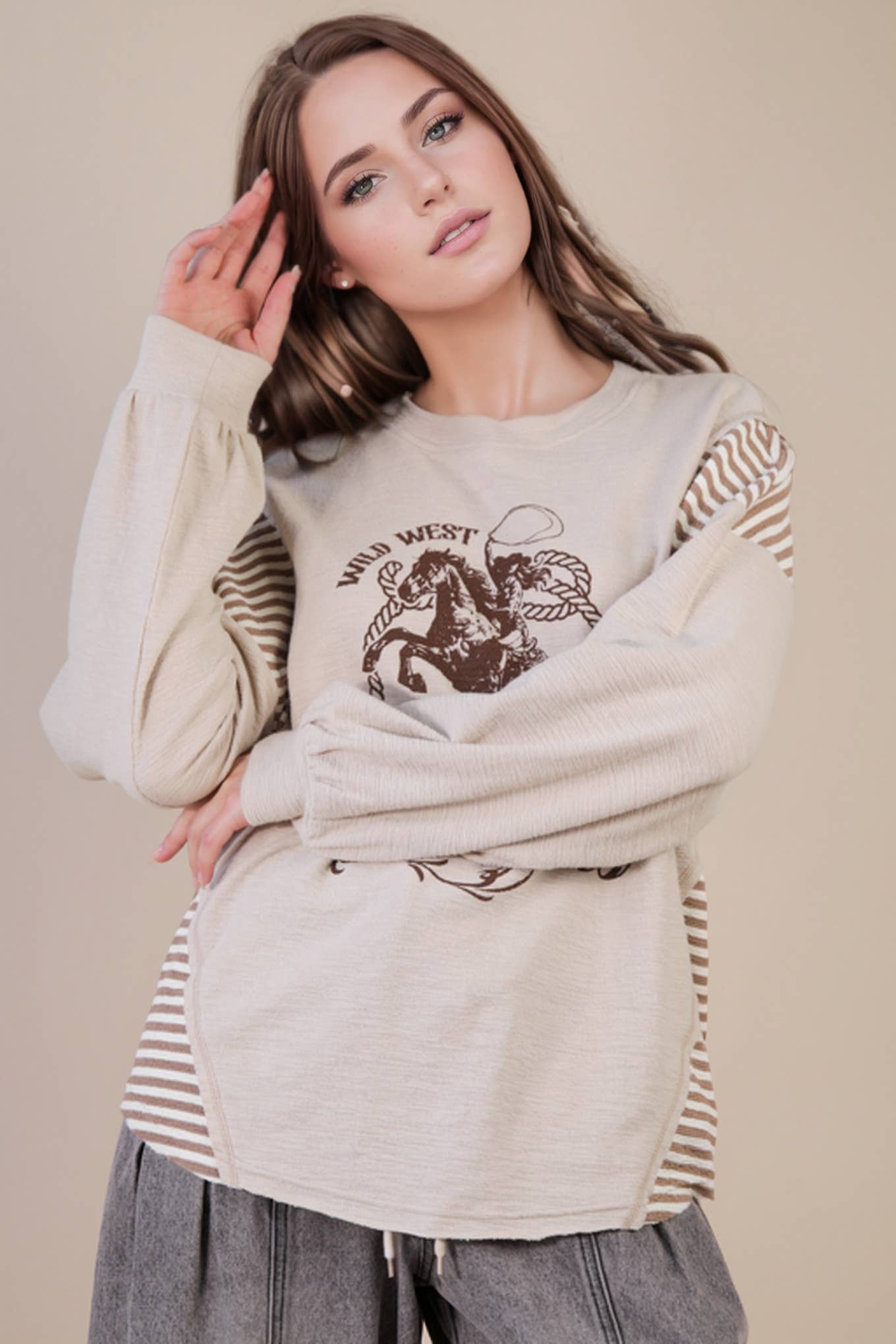 VERY J "Wild West Cowgirls" Western Graphic Knit Top — Oversized Mixed Media (Taupe or Olive) Cowhide and Conchos