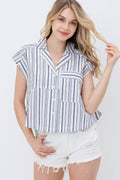 Blue B Navy Stripe Western Button-Up Shirt — Cotton Yarn-Dyed Soft Cowgirl Staple Cowhide and Conchos