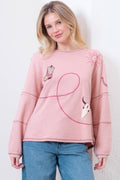 Taelynn "Outlaw" Western Embroidered Long-Sleeve Top — Soft Mauve Boat Neck with Exposed Seams Cowhide and Conchos