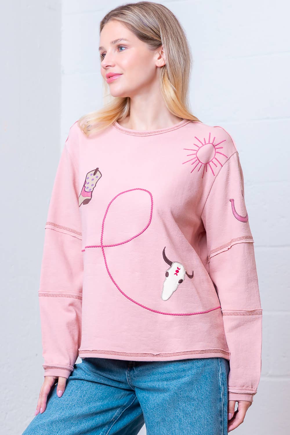 Taelynn "Outlaw" Western Embroidered Long-Sleeve Top — Soft Mauve Boat Neck with Exposed Seams Cowhide and Conchos