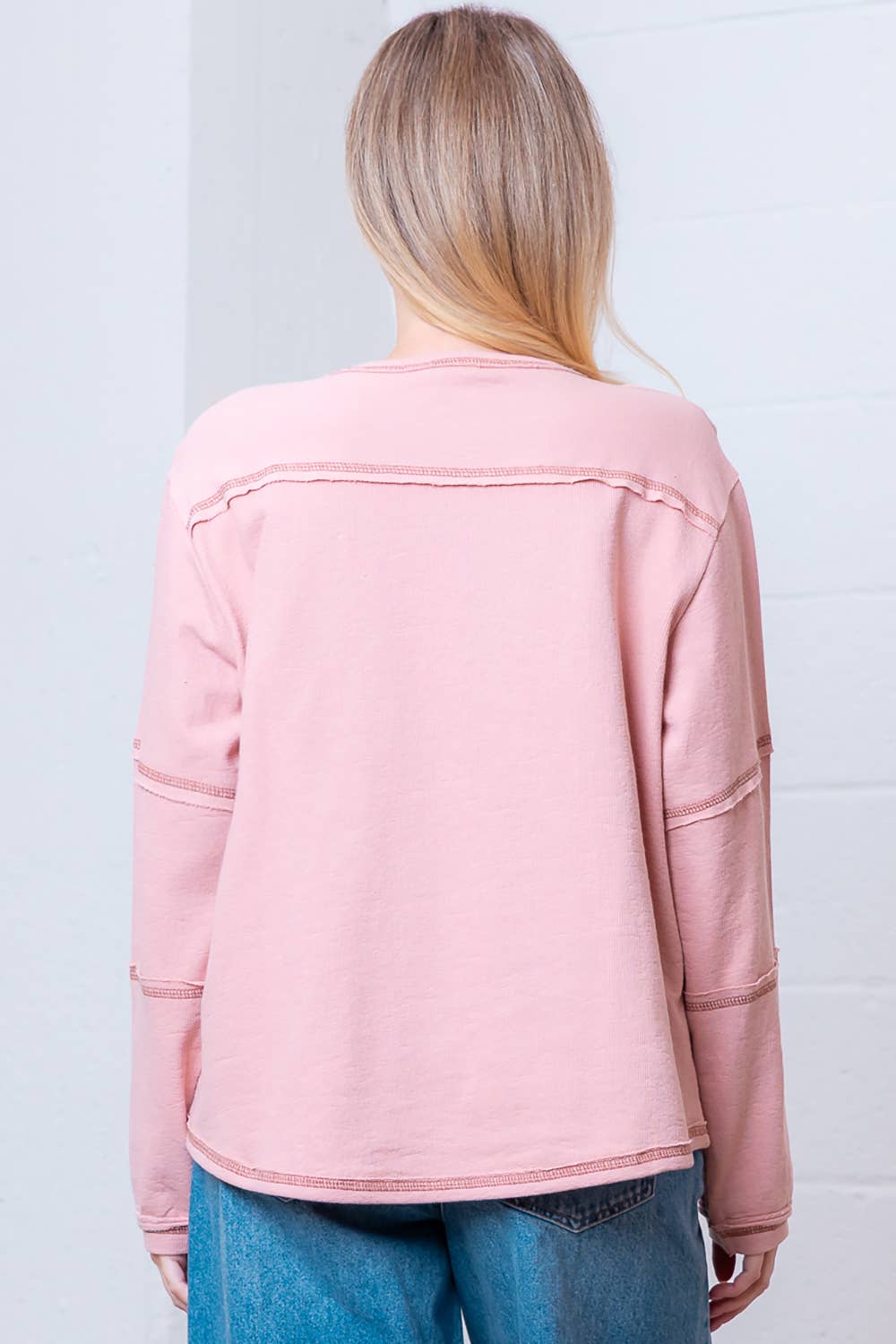 Taelynn "Outlaw" Western Embroidered Long-Sleeve Top — Soft Mauve Boat Neck with Exposed Seams Cowhide and Conchos