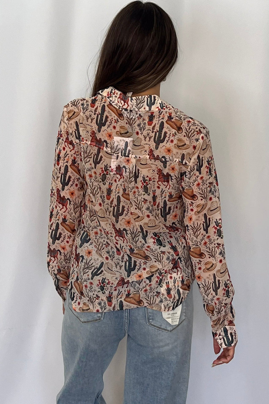 Blue B "Painted Desert" Western Chiffon Button-Up Blouse — Lightweight Semi-Opaque Desert Print (small remains) Cowhide and Conchos
