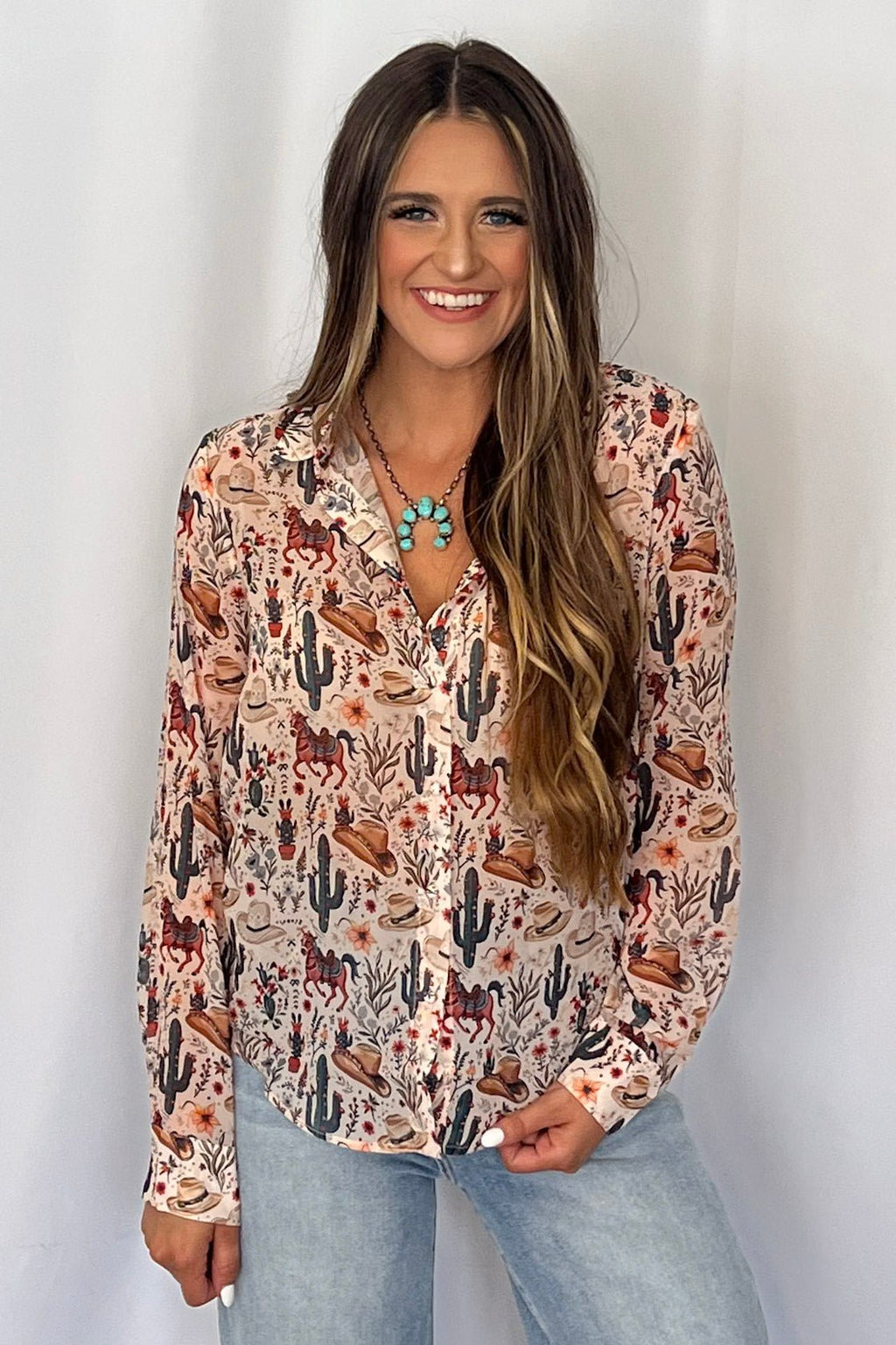 Blue B "Painted Desert" Western Chiffon Button-Up Blouse — Lightweight Semi-Opaque Desert Print (small remains) Cowhide and Conchos