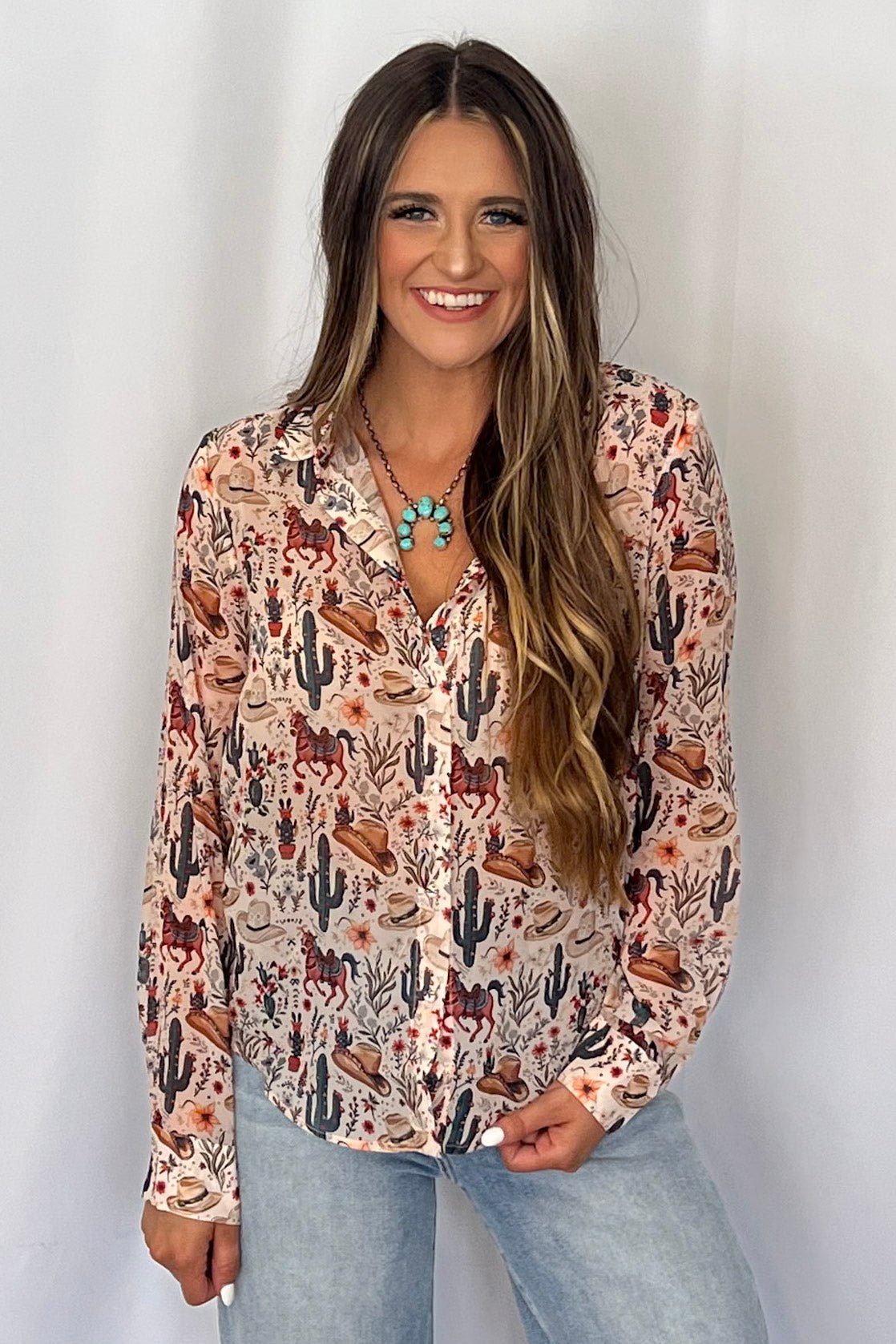 Blue B "Painted Desert" Western Chiffon Button-Up Blouse — Lightweight Semi-Opaque Desert Print (small remains) Cowhide and Conchos