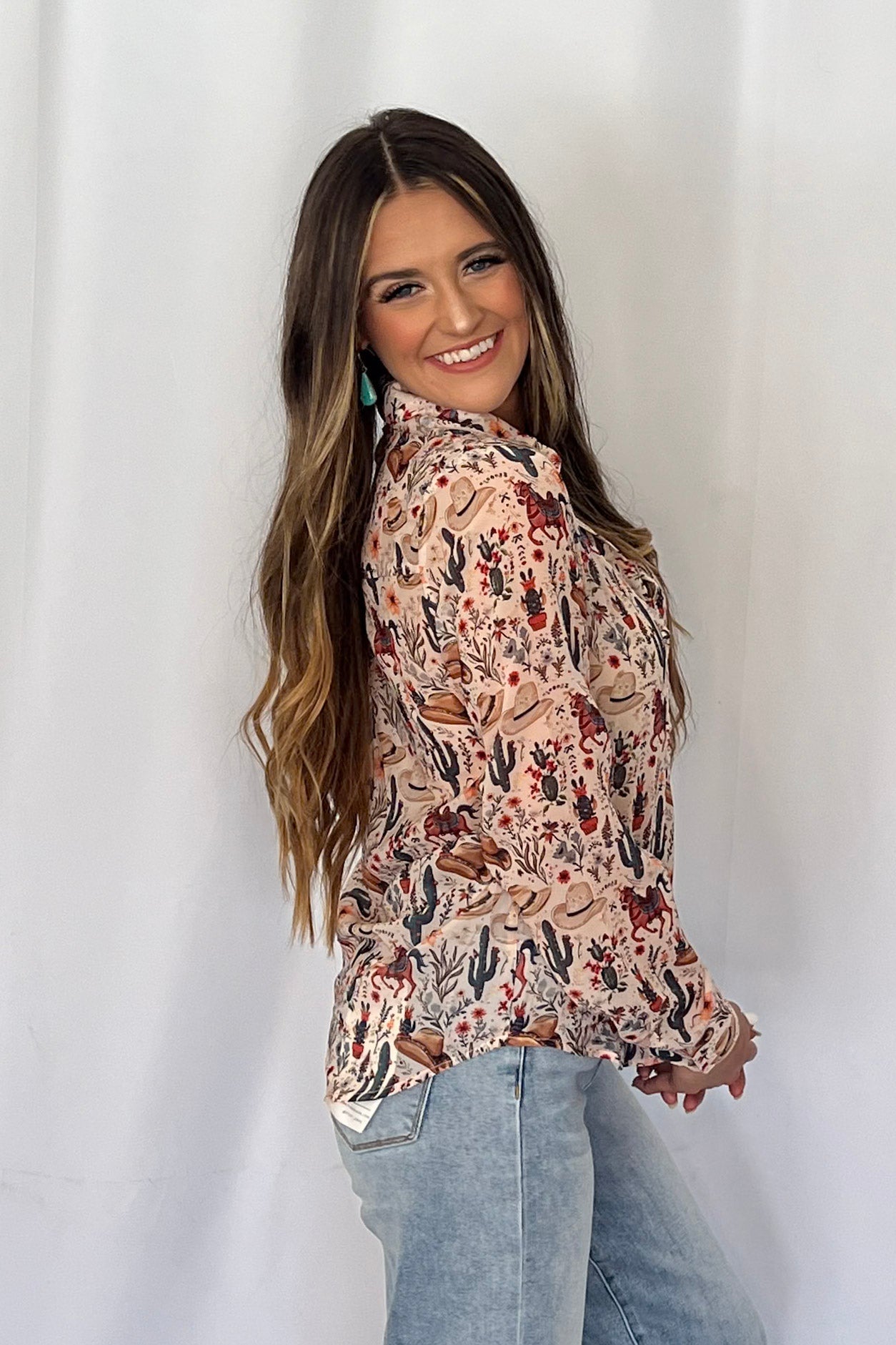 Blue B "Painted Desert" Western Chiffon Button-Up Blouse — Lightweight Semi-Opaque Desert Print (small remains) Cowhide and Conchos