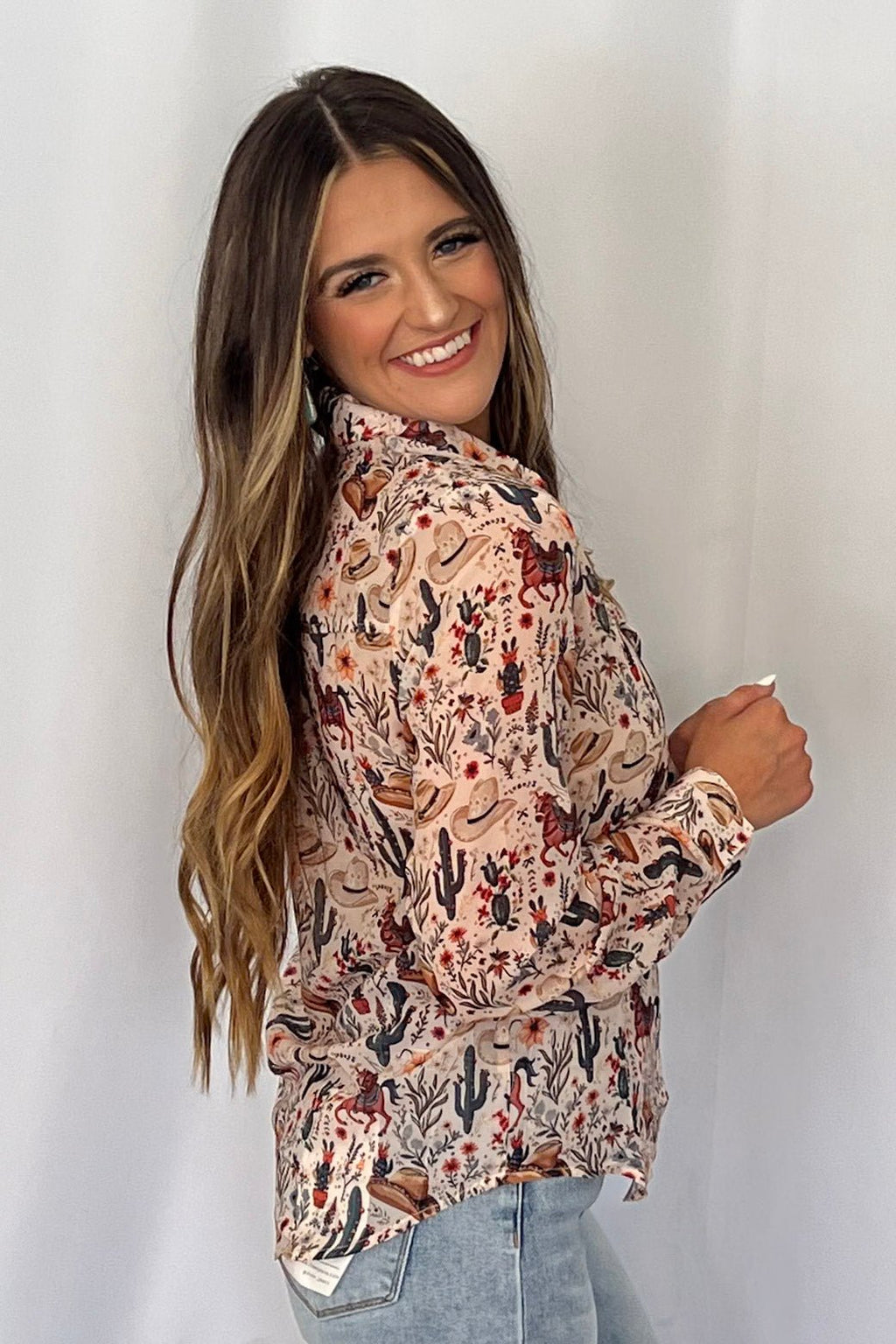 Blue B "Painted Desert" Western Chiffon Button-Up Blouse — Lightweight Semi-Opaque Desert Print (small remains) Cowhide and Conchos