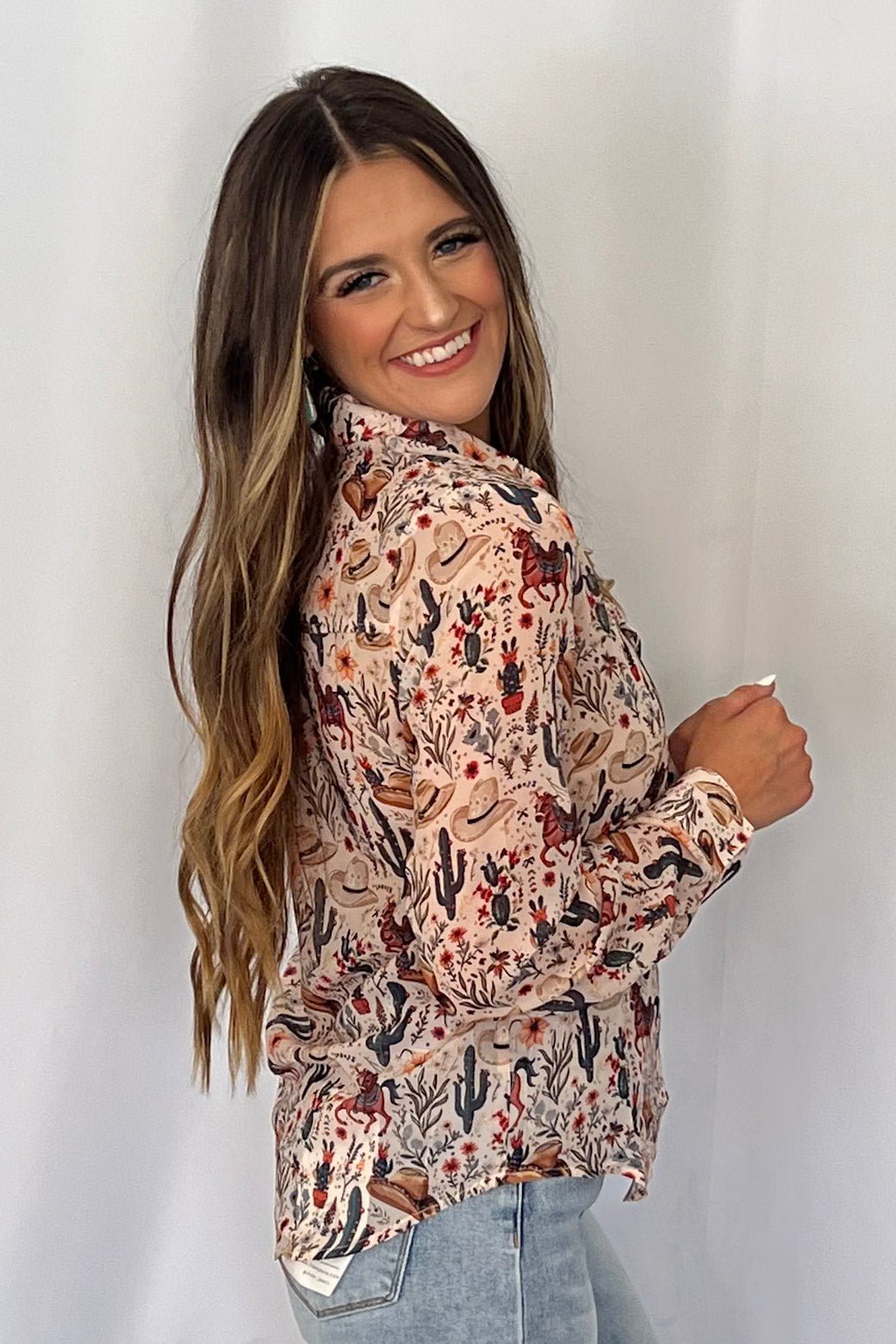 Blue B "Painted Desert" Western Chiffon Button-Up Blouse — Lightweight Semi-Opaque Desert Print (small remains) Cowhide and Conchos