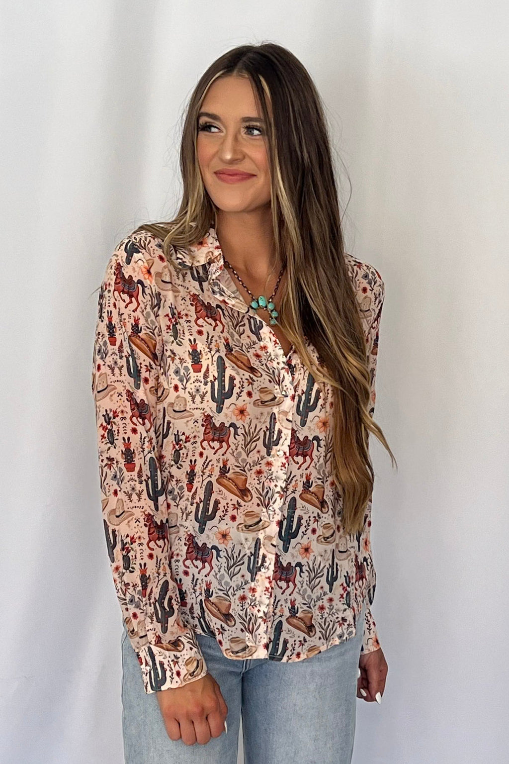 Blue B "Painted Desert" Western Chiffon Button-Up Blouse — Lightweight Semi-Opaque Desert Print (small remains) Cowhide and Conchos