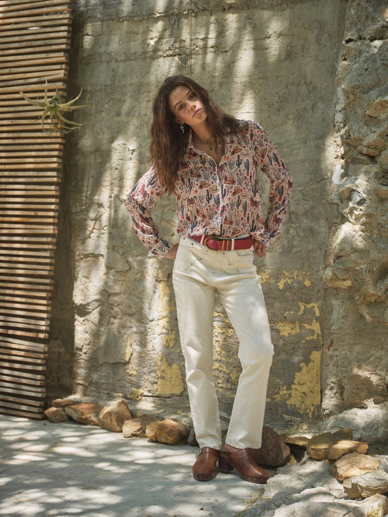 Blue B "Painted Desert" Western Chiffon Button-Up Blouse — Lightweight Semi-Opaque Desert Print (small remains) Cowhide and Conchos