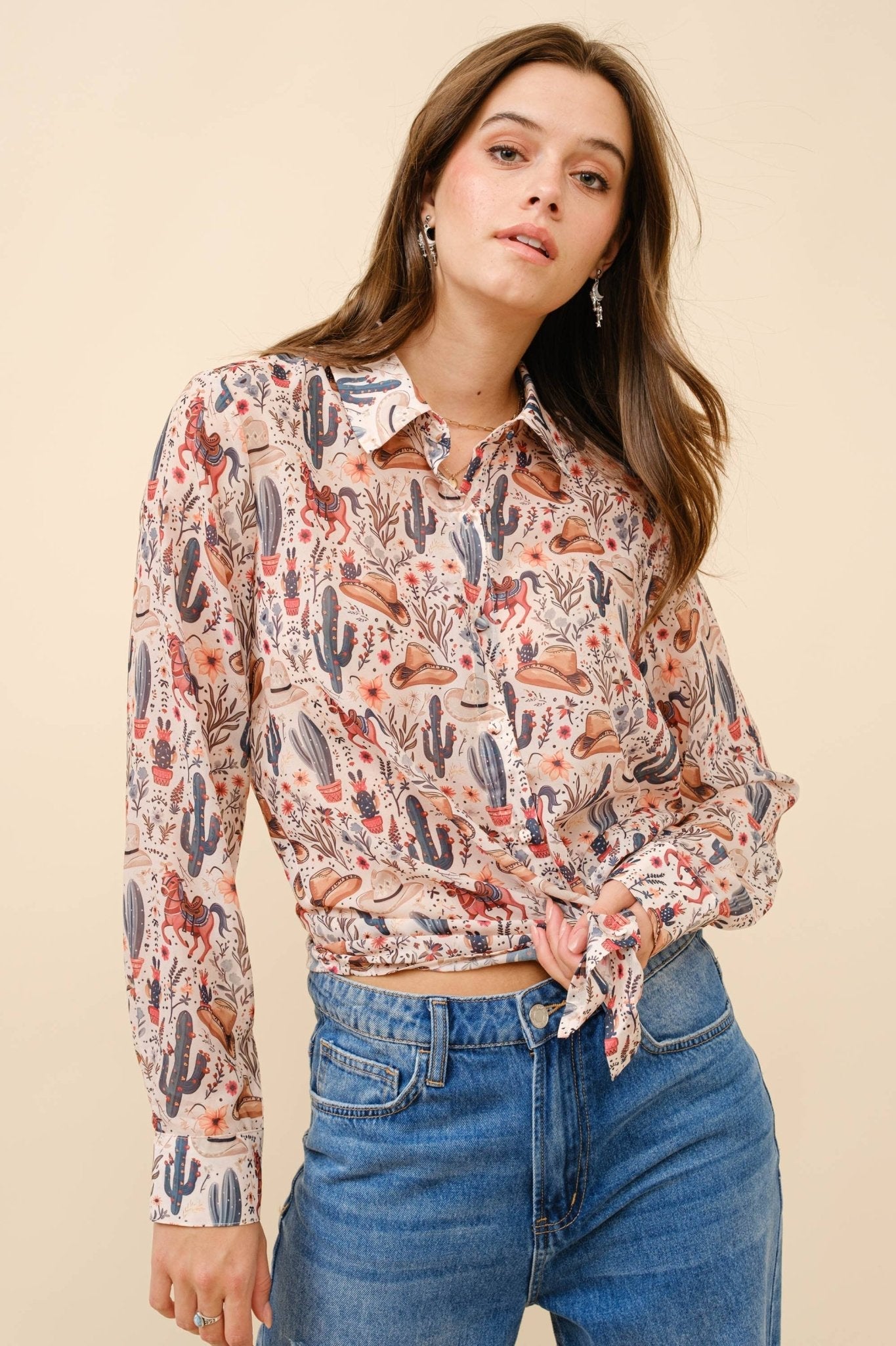 Blue B "Painted Desert" Western Chiffon Button-Up Blouse — Lightweight Semi-Opaque Desert Print (small remains) Cowhide and Conchos