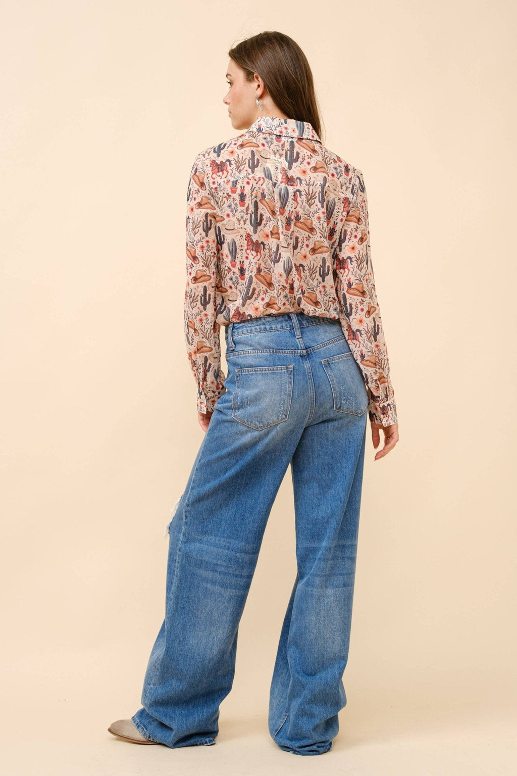 Blue B "Painted Desert" Western Chiffon Button-Up Blouse — Lightweight Semi-Opaque Desert Print (small remains) Cowhide and Conchos