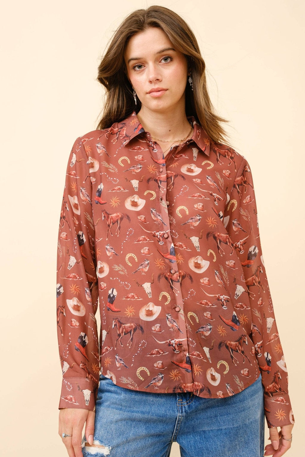 Blue B "Painted Desert" Western Chiffon Button-Up Blouse — Lightweight Semi-Opaque Desert Print (small remains) Cowhide and Conchos
