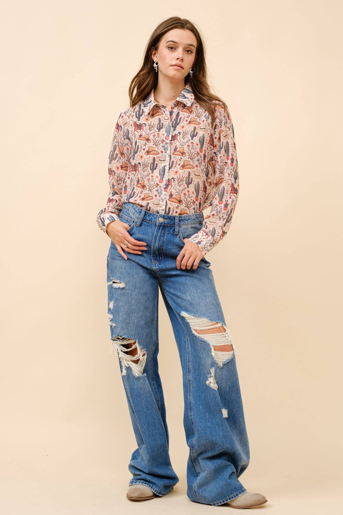 Blue B "Painted Desert" Western Chiffon Button-Up Blouse — Lightweight Semi-Opaque Desert Print (small remains) Cowhide and Conchos
