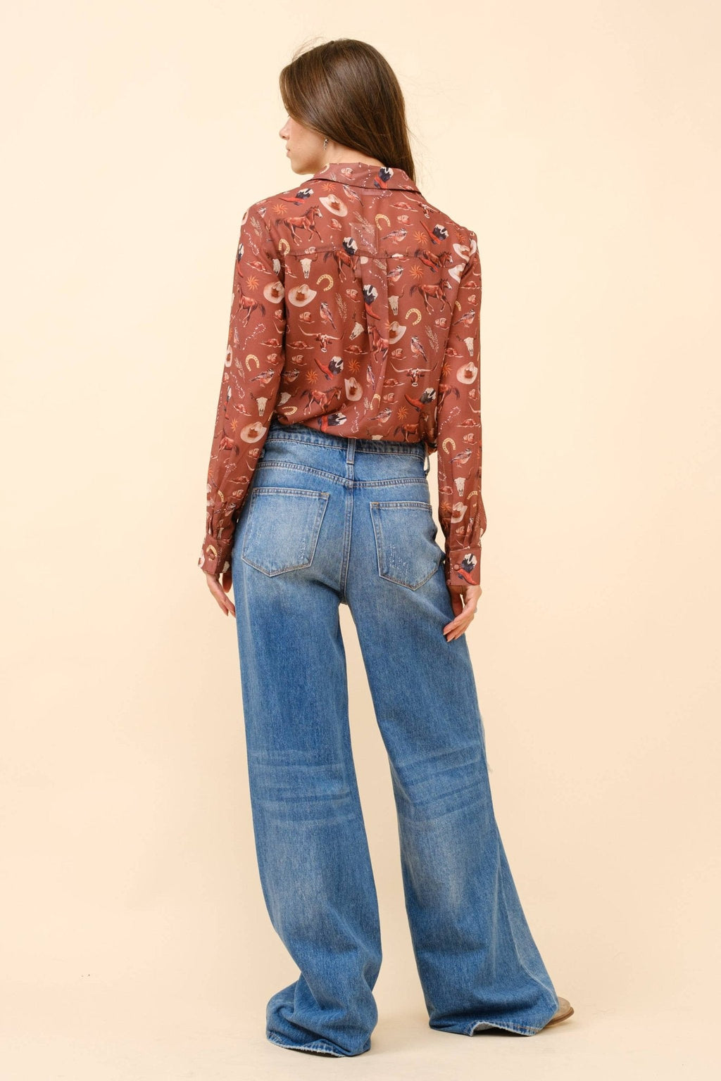 Blue B "Painted Desert" Western Chiffon Button-Up Blouse — Lightweight Semi-Opaque Desert Print (small remains) Cowhide and Conchos
