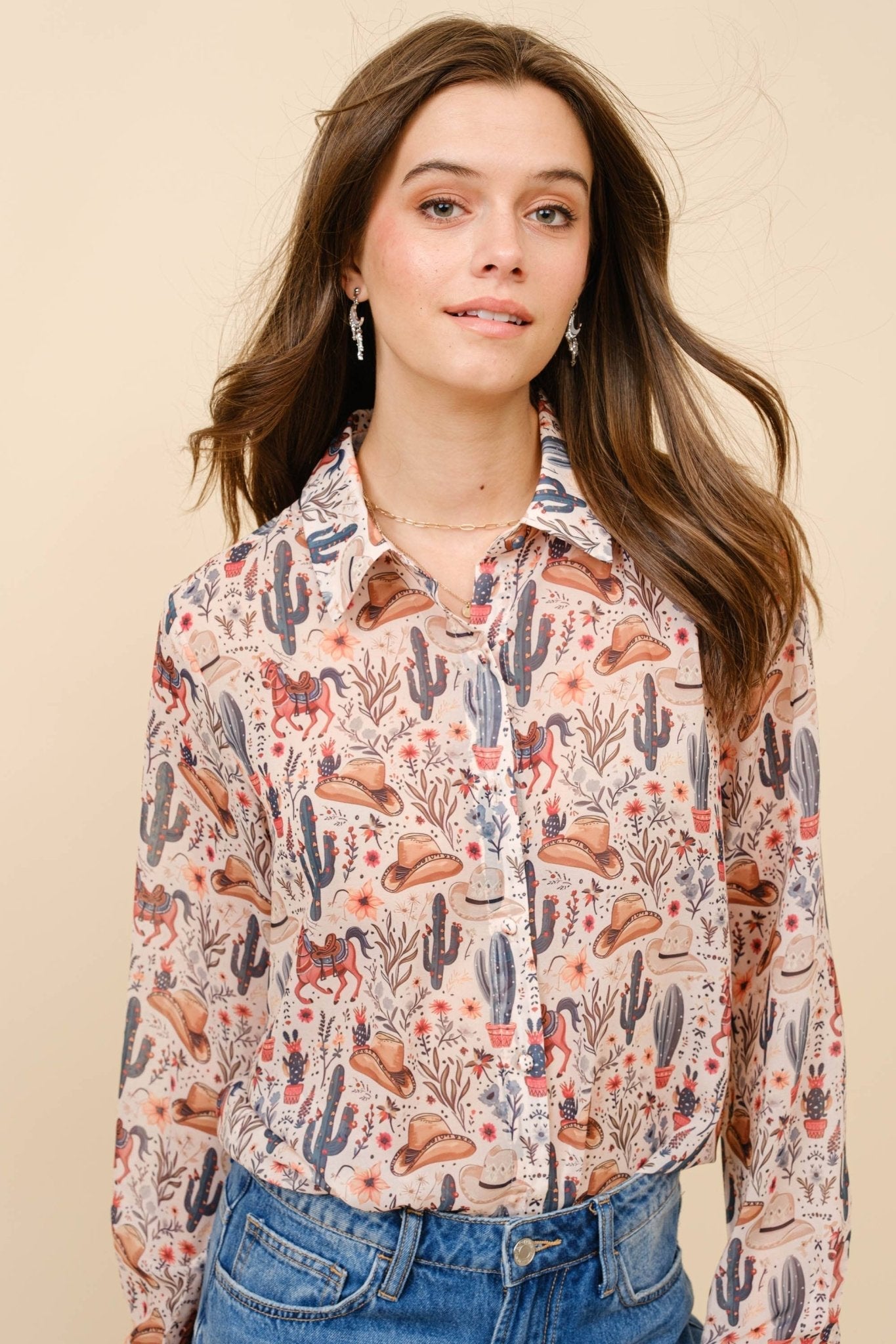 Blue B "Painted Desert" Western Chiffon Button-Up Blouse — Lightweight Semi-Opaque Desert Print (small remains) Cowhide and Conchos