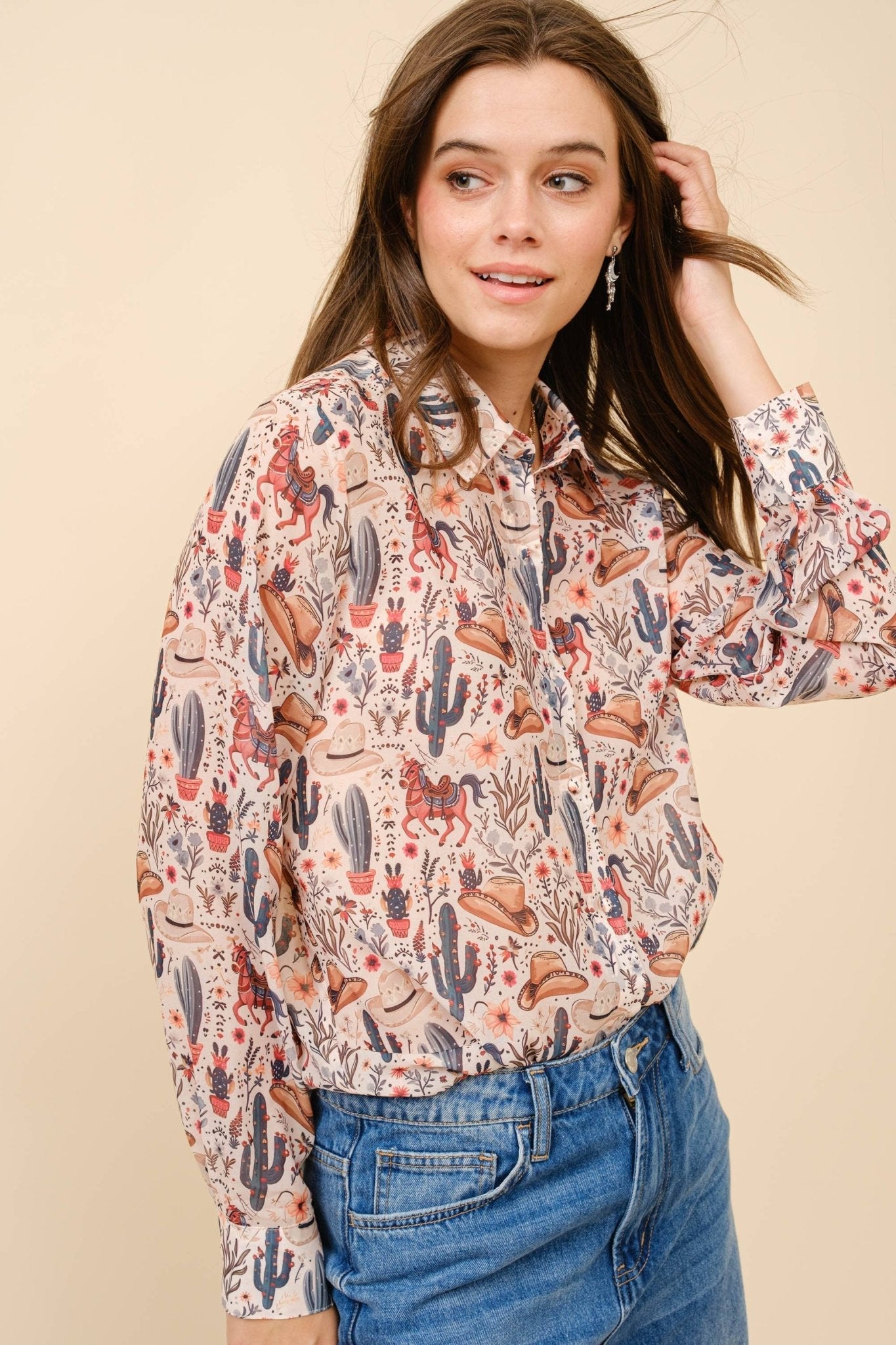 Blue B "Painted Desert" Western Chiffon Button-Up Blouse — Lightweight Semi-Opaque Desert Print (small remains) Cowhide and Conchos
