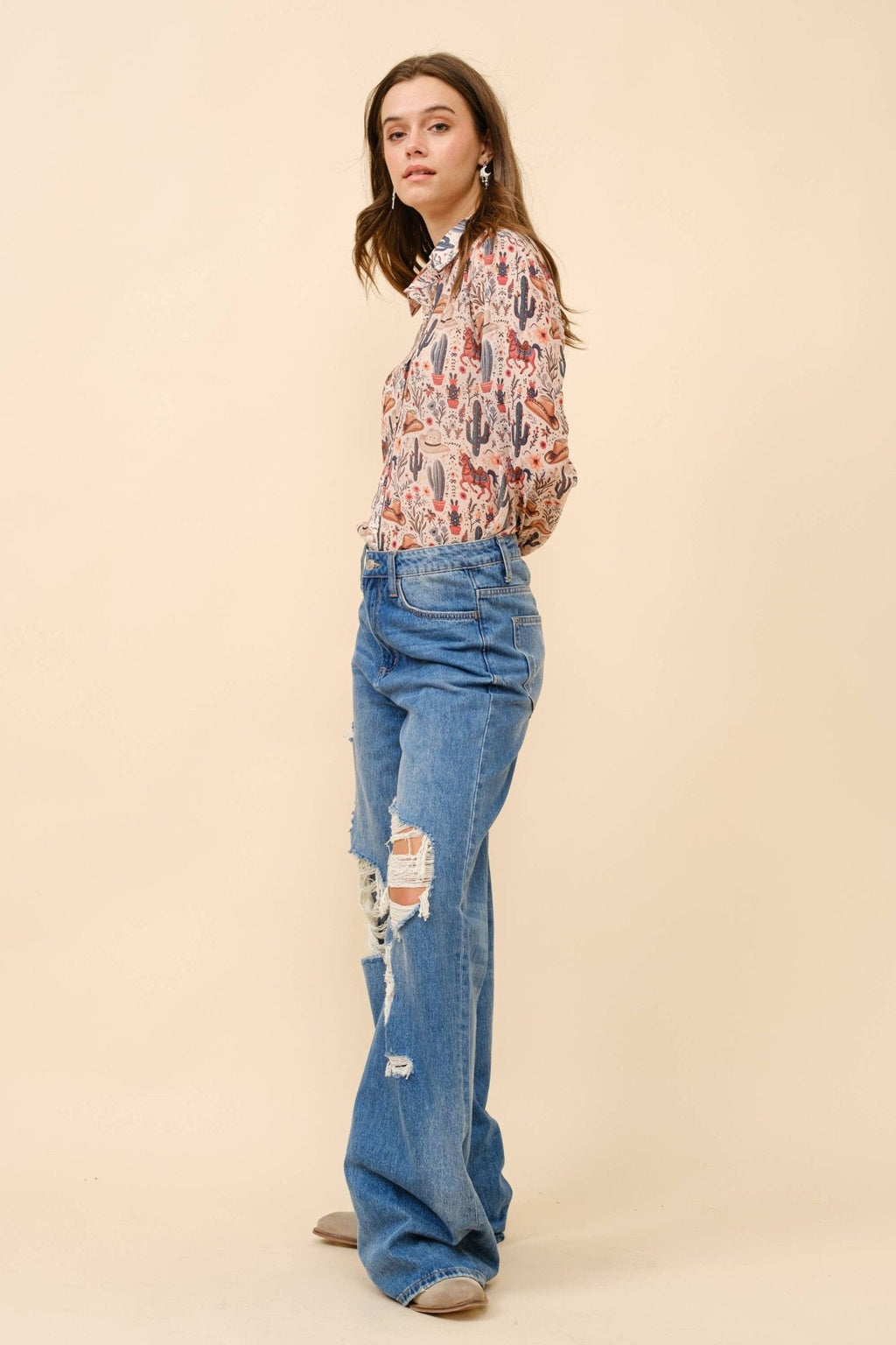 Blue B "Painted Desert" Western Chiffon Button-Up Blouse — Lightweight Semi-Opaque Desert Print (small remains) Cowhide and Conchos