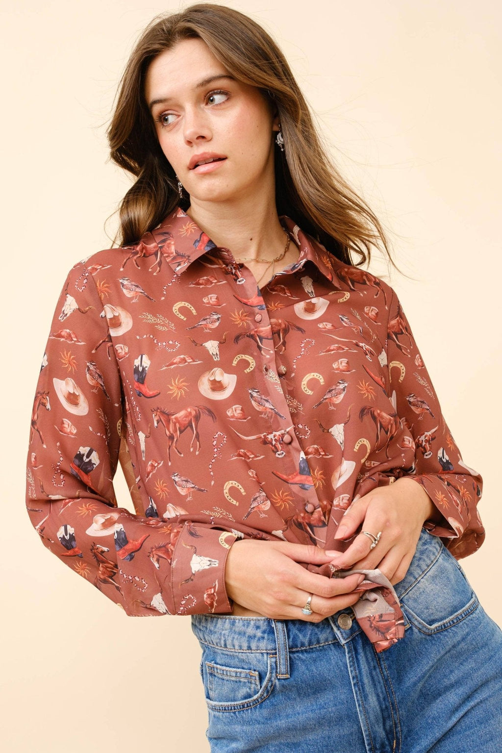 Blue B "Painted Desert" Western Chiffon Button-Up Blouse — Lightweight Semi-Opaque Desert Print (small remains) Cowhide and Conchos