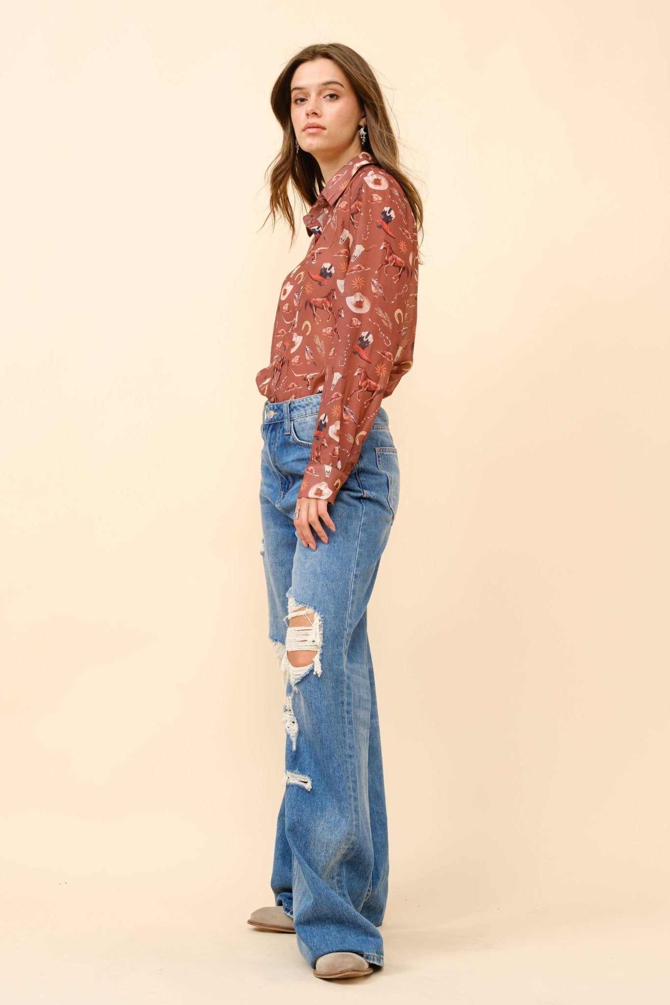 Blue B "Painted Desert" Western Chiffon Button-Up Blouse — Lightweight Semi-Opaque Desert Print (small remains) Cowhide and Conchos