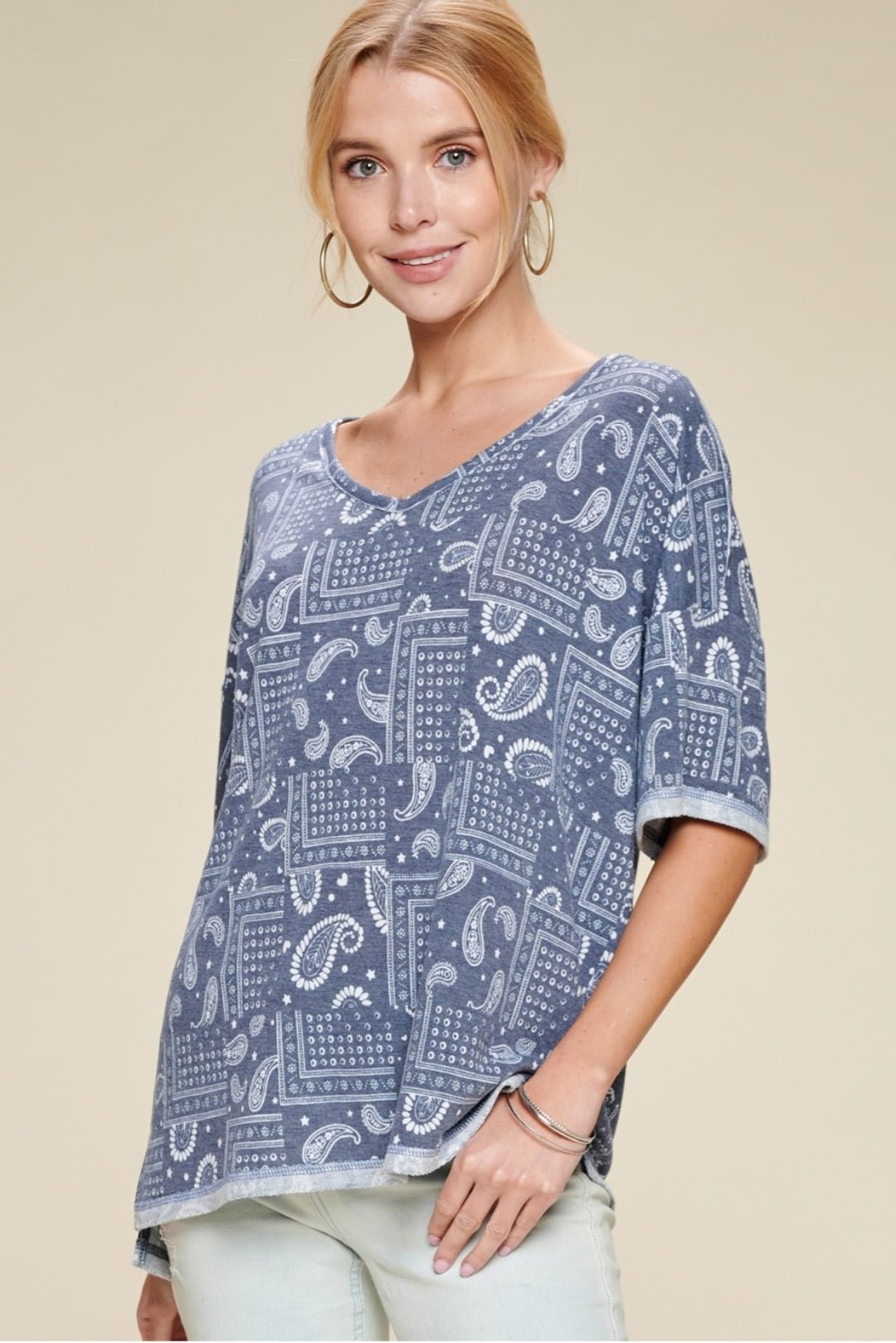 Oddi Paisley Printed French Terry Knit Western Top — Dark Navy V-Neck with Hi-Low Hem Cowhide and Conchos