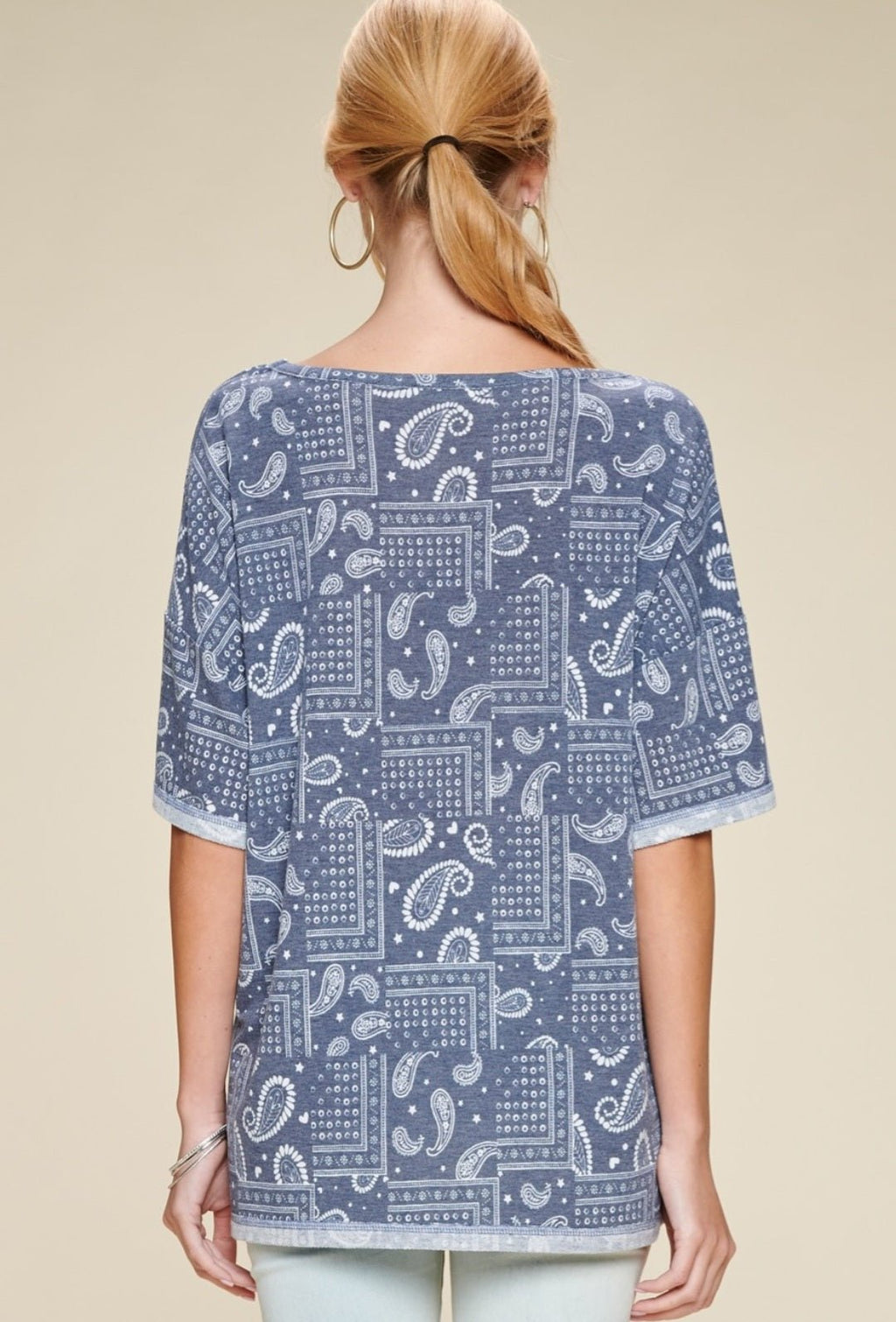 Oddi Paisley Printed French Terry Knit Western Top — Dark Navy V-Neck with Hi-Low Hem Cowhide and Conchos