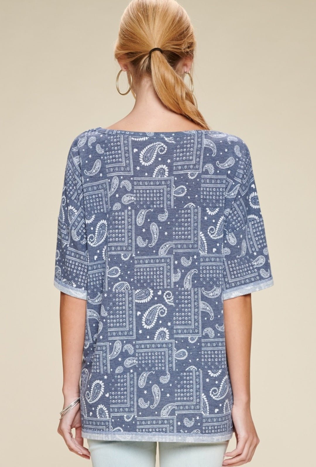 Oddi Paisley Printed French Terry Knit Western Top — Dark Navy V-Neck with Hi-Low Hem Cowhide and Conchos