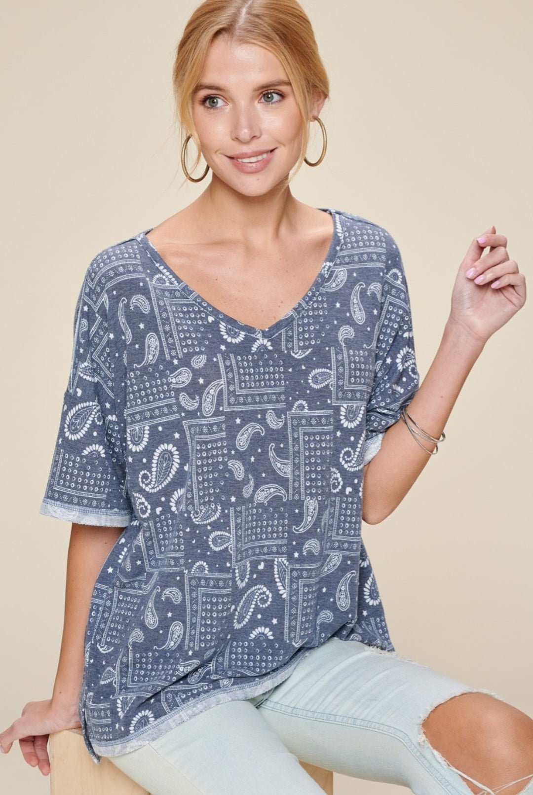Oddi Paisley Printed French Terry Knit Western Top — Dark Navy V-Neck with Hi-Low Hem Cowhide and Conchos