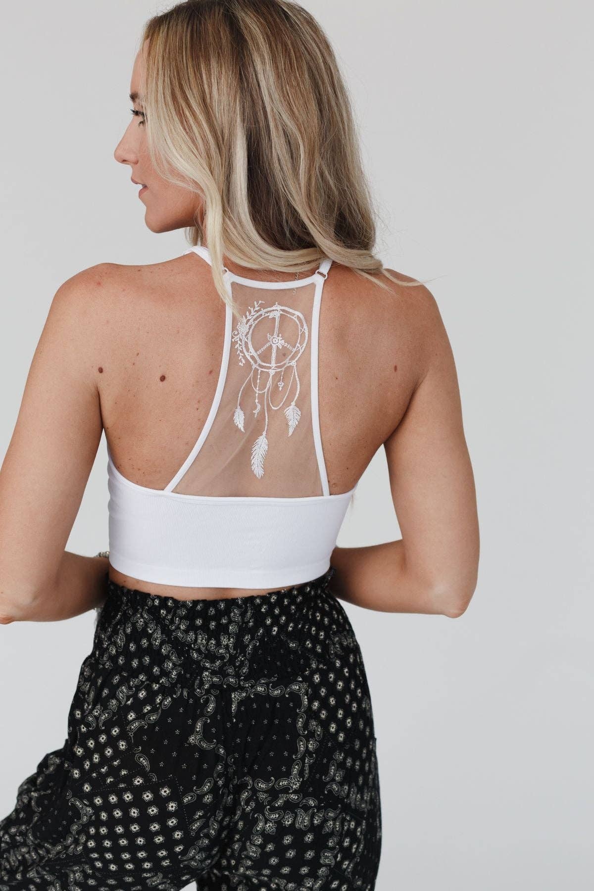 Peace Dreamcatcher Tattoo Bralette - White Cowhide and Conchos