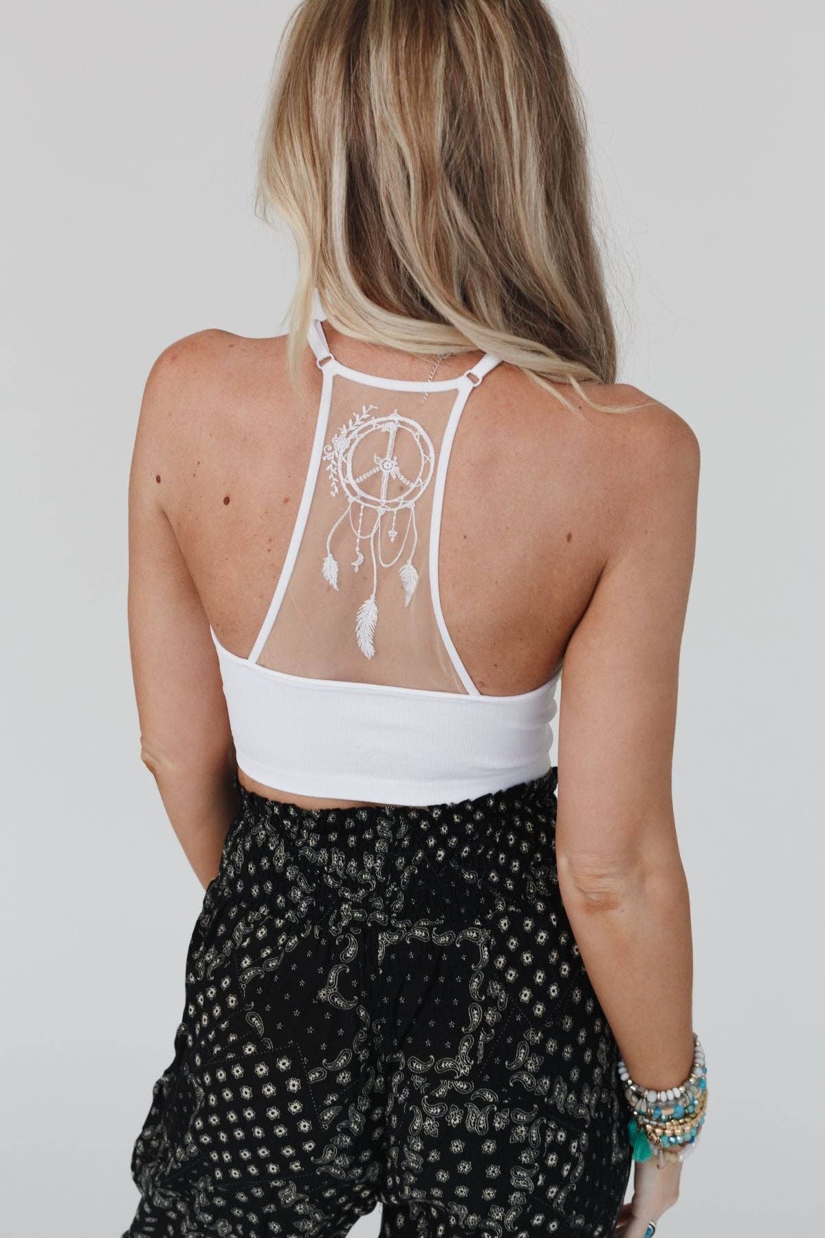 Peace Dreamcatcher Tattoo Bralette - White Cowhide and Conchos