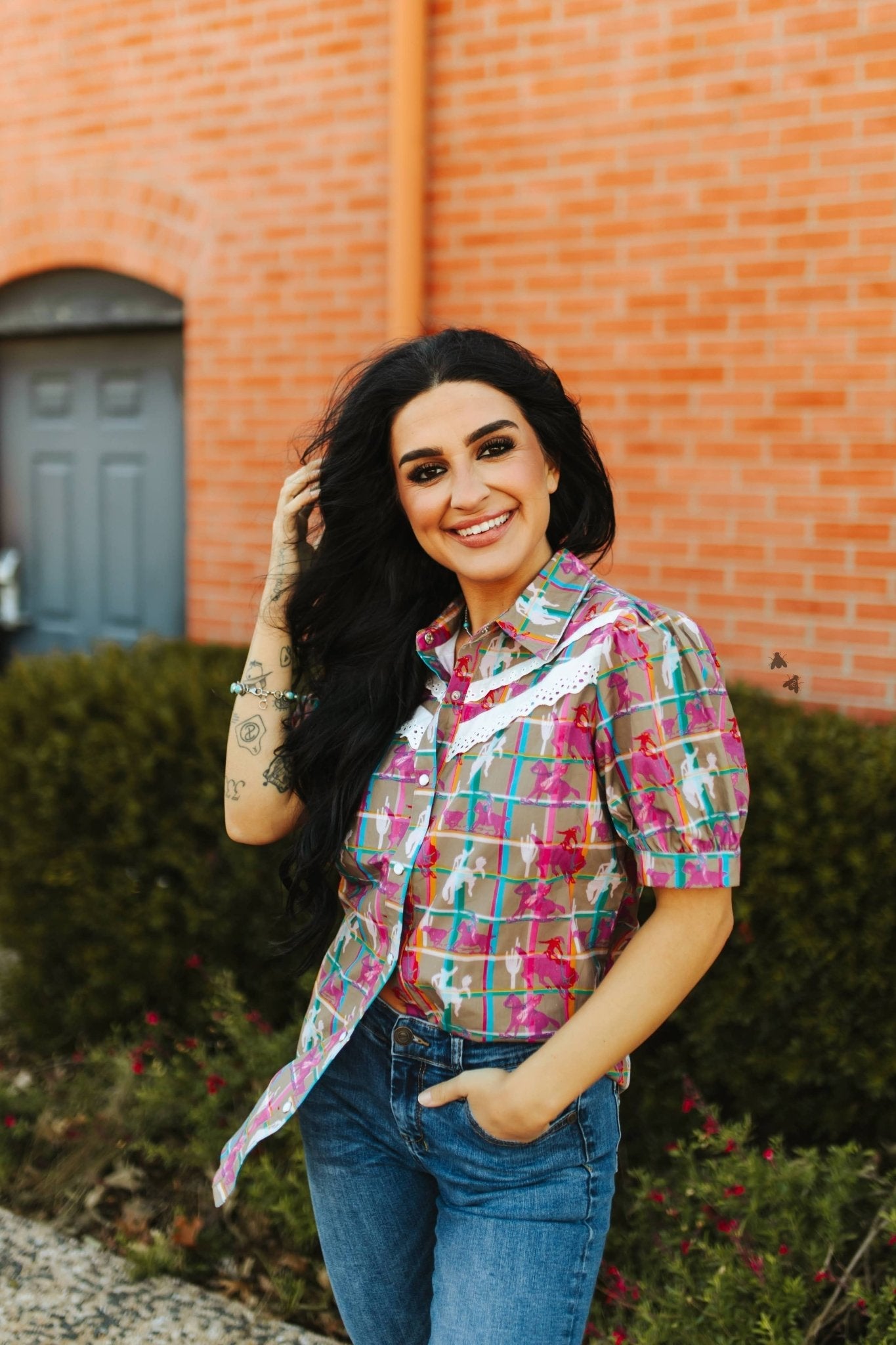 2 Fly Co "Plaid Posse" Western Top — Multi-Color Plaid with Lace Detail Comfortable Statement Piece Cowhide and Conchos