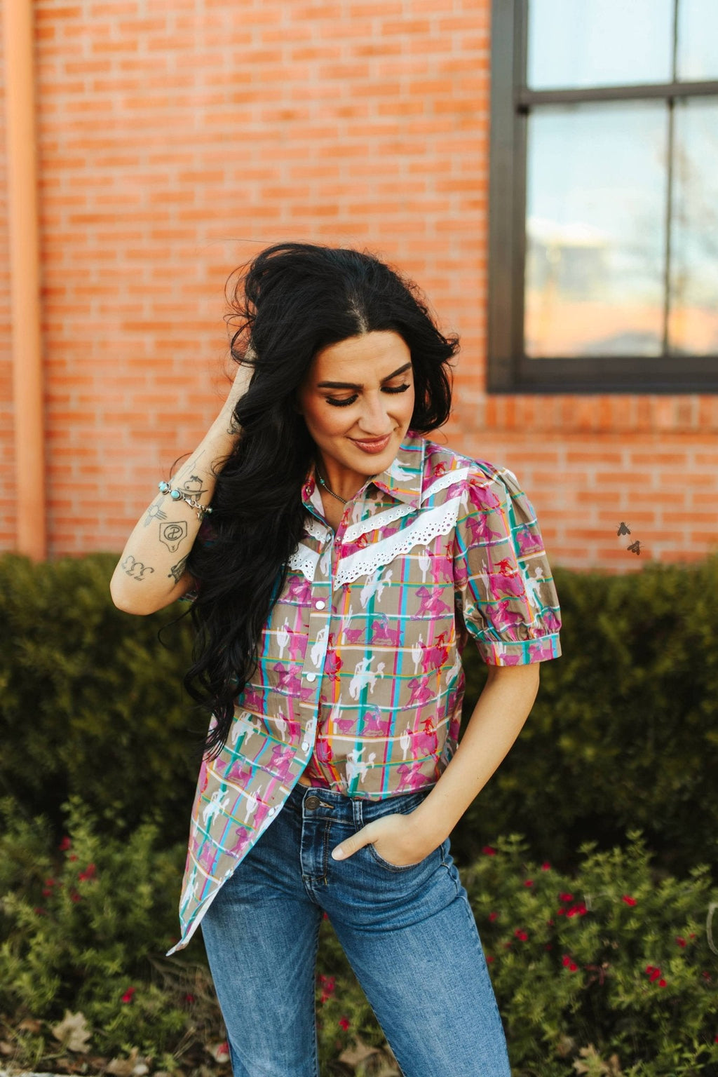 2 Fly Co "Plaid Posse" Western Top — Multi-Color Plaid with Lace Detail Comfortable Statement Piece Cowhide and Conchos