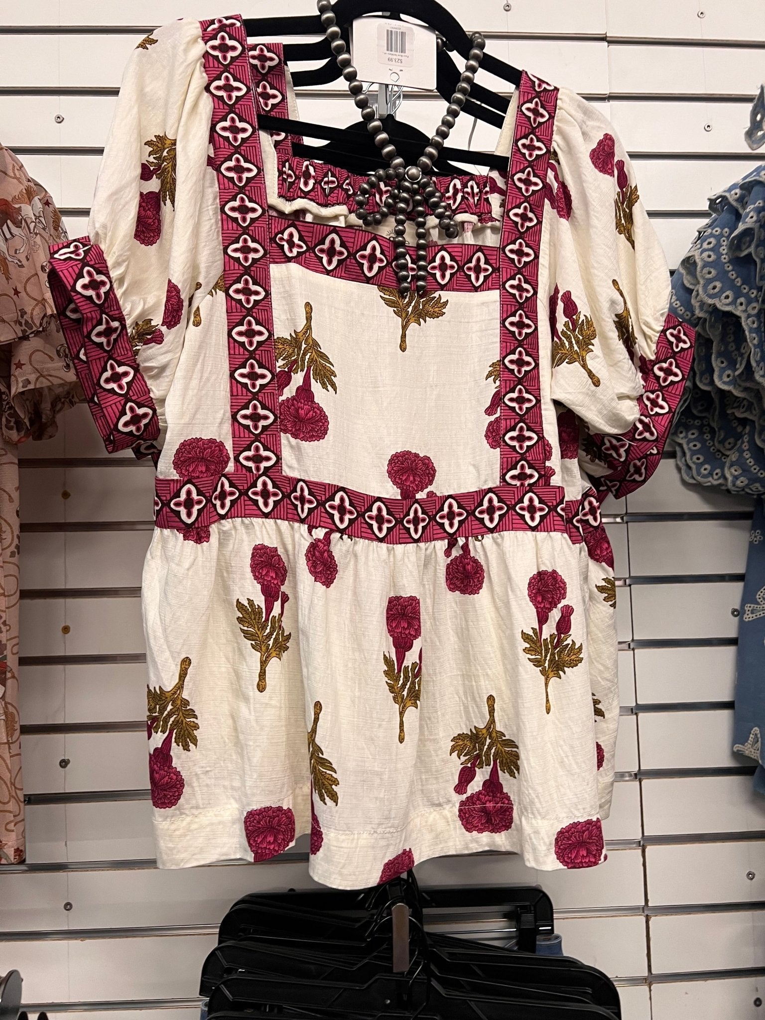 Umgee "Prairie Marigold" Western Boho Blouse — Embroidered Contrast Trim with Square Neck & Puff Sleeves (Red & Olive Floral) Cowhide and Conchos